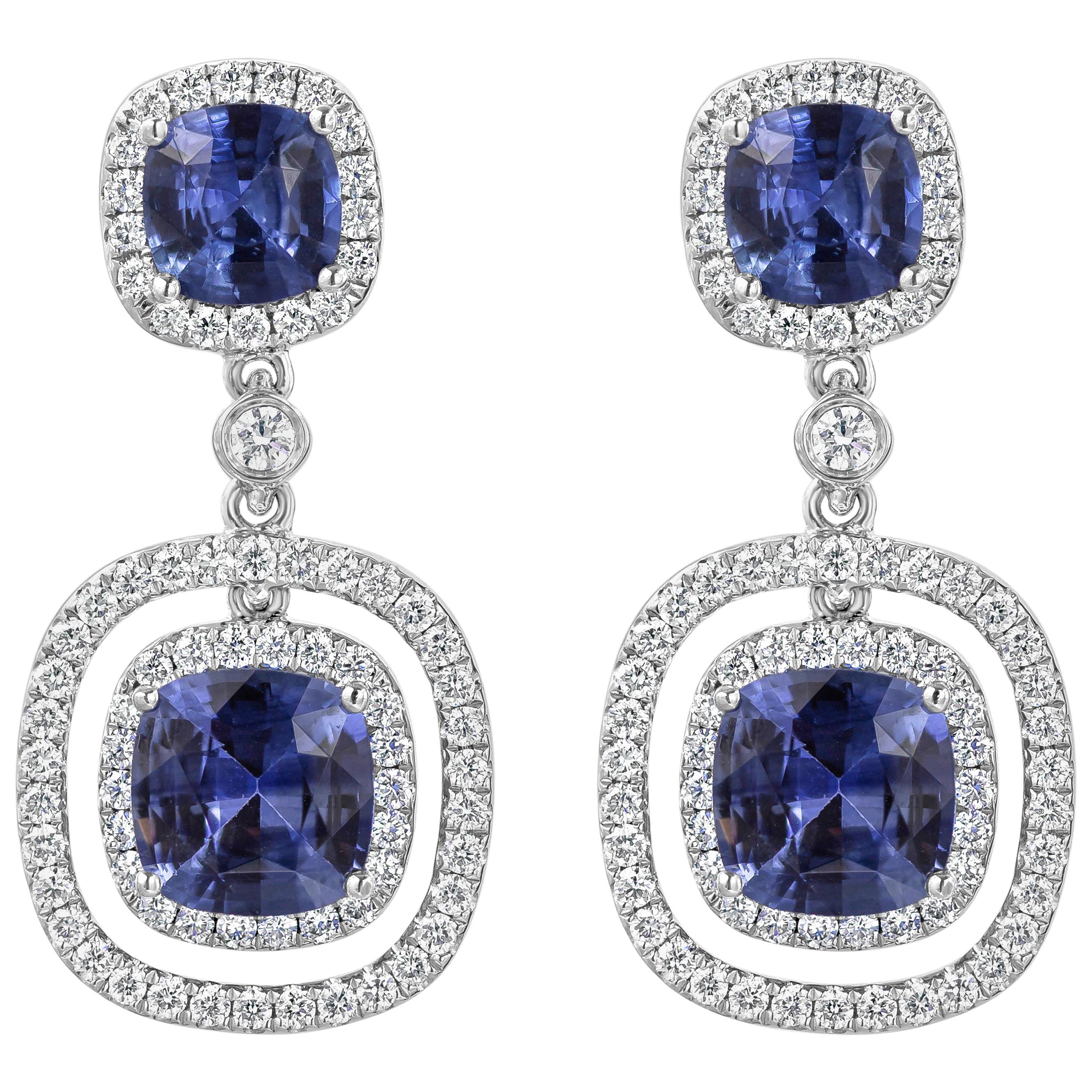Roman Malakov 3.96 Carat Cushion Blue Sapphire with Diamond Halo Dangle Earrings For Sale