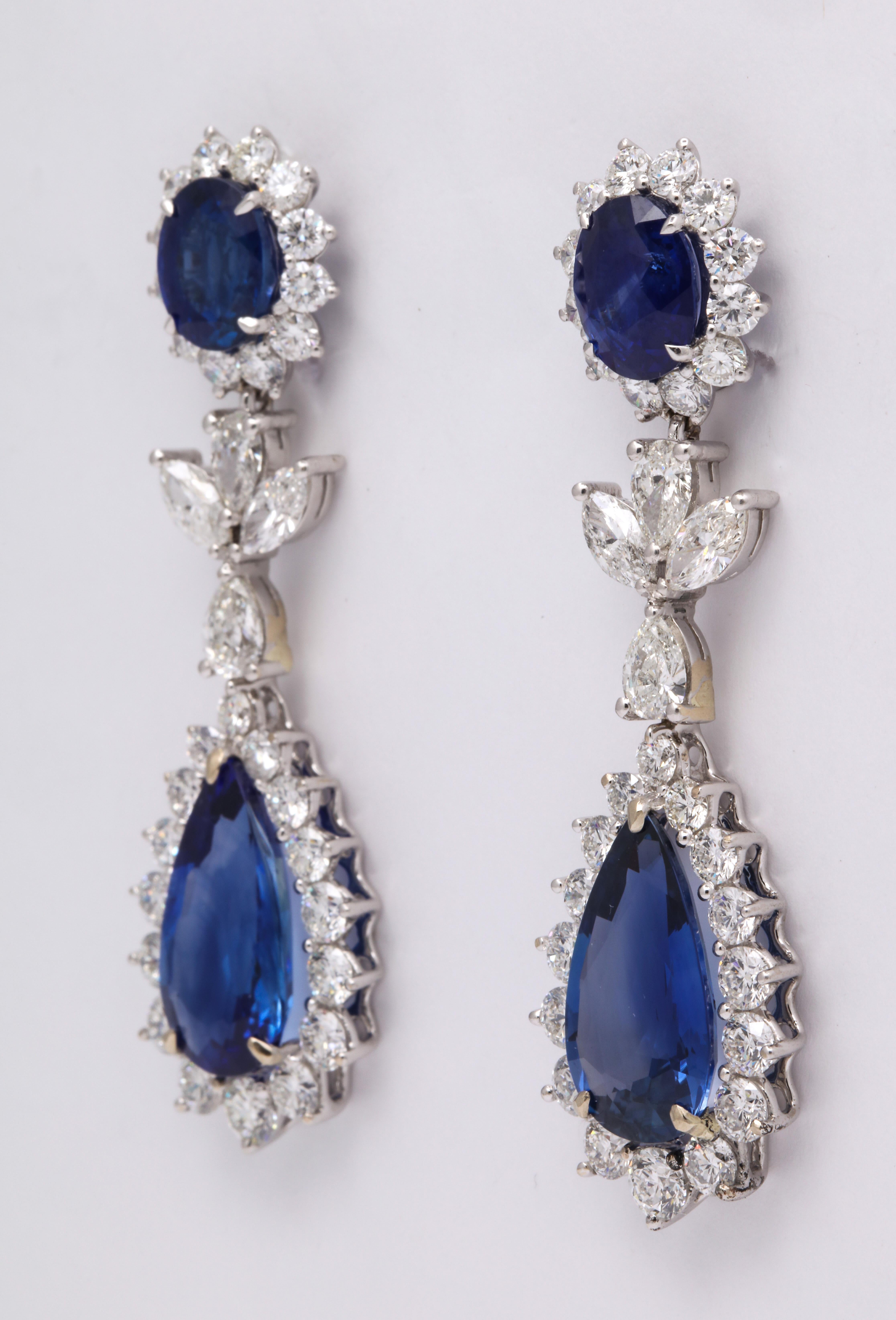 Pear Cut Blue Sapphire and Diamond Drop Earrings For Sale