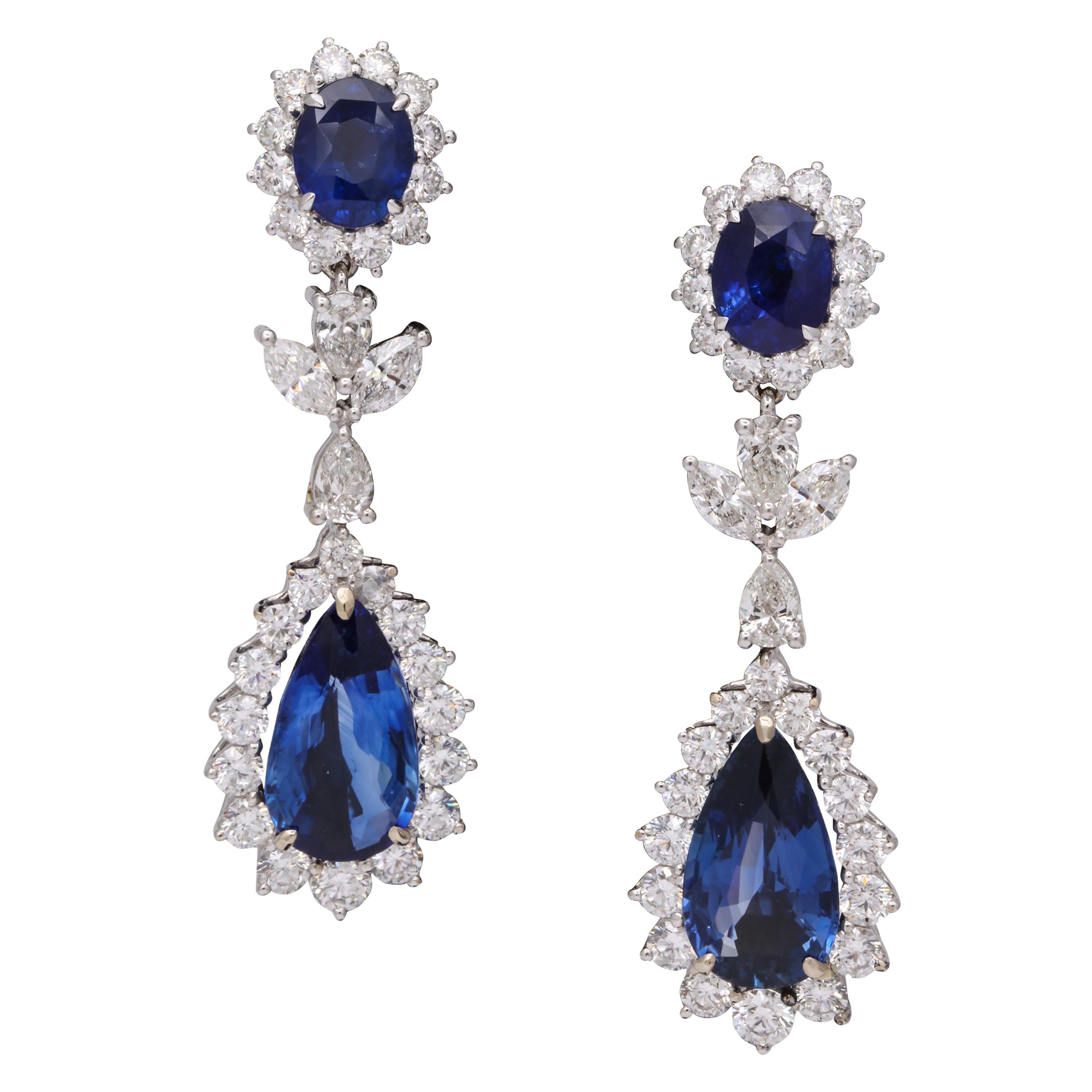 Blue Sapphire and Diamond Drop Earrings For Sale