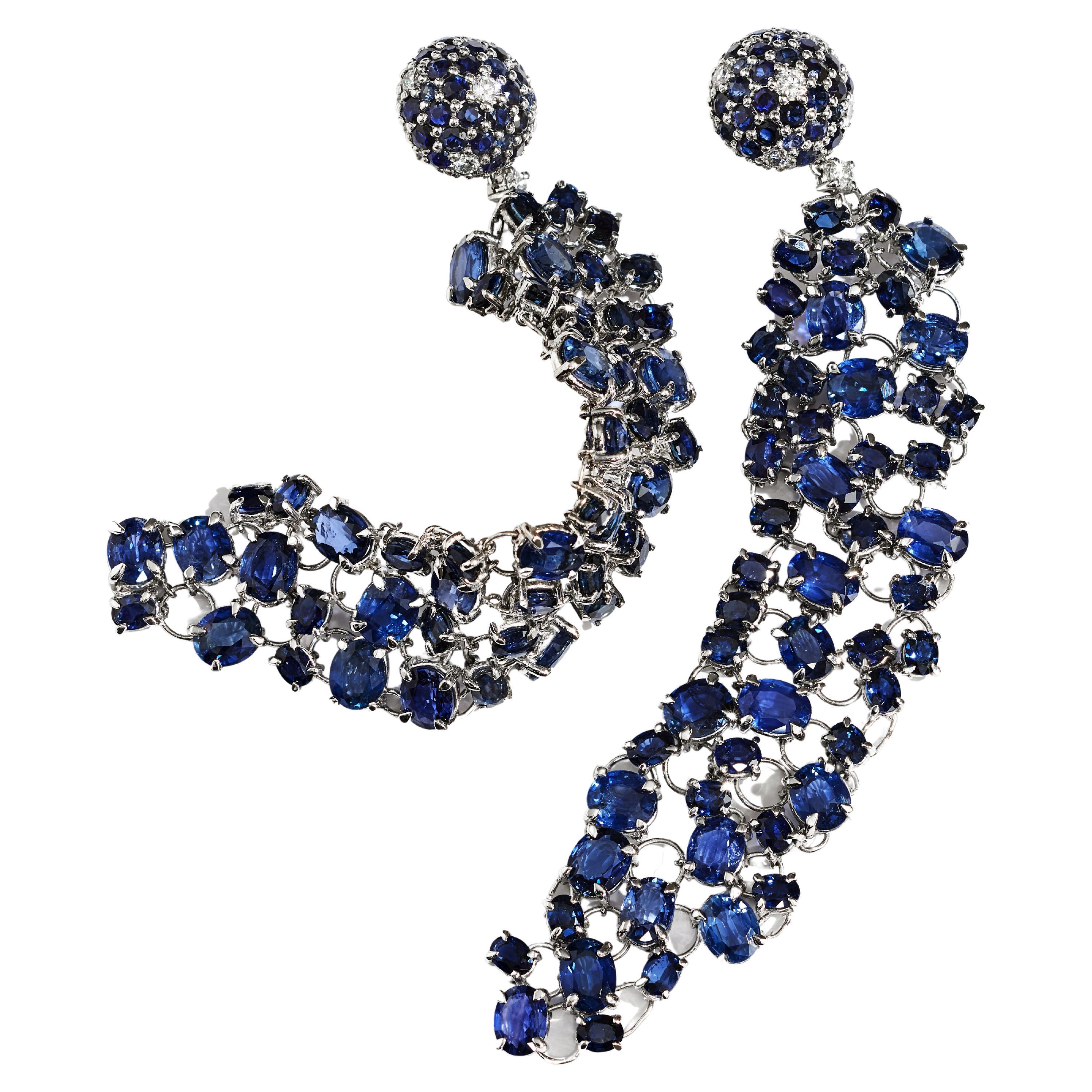 Blue Sapphire and Diamond Drop Earrings Set in 18k White Gold For Sale