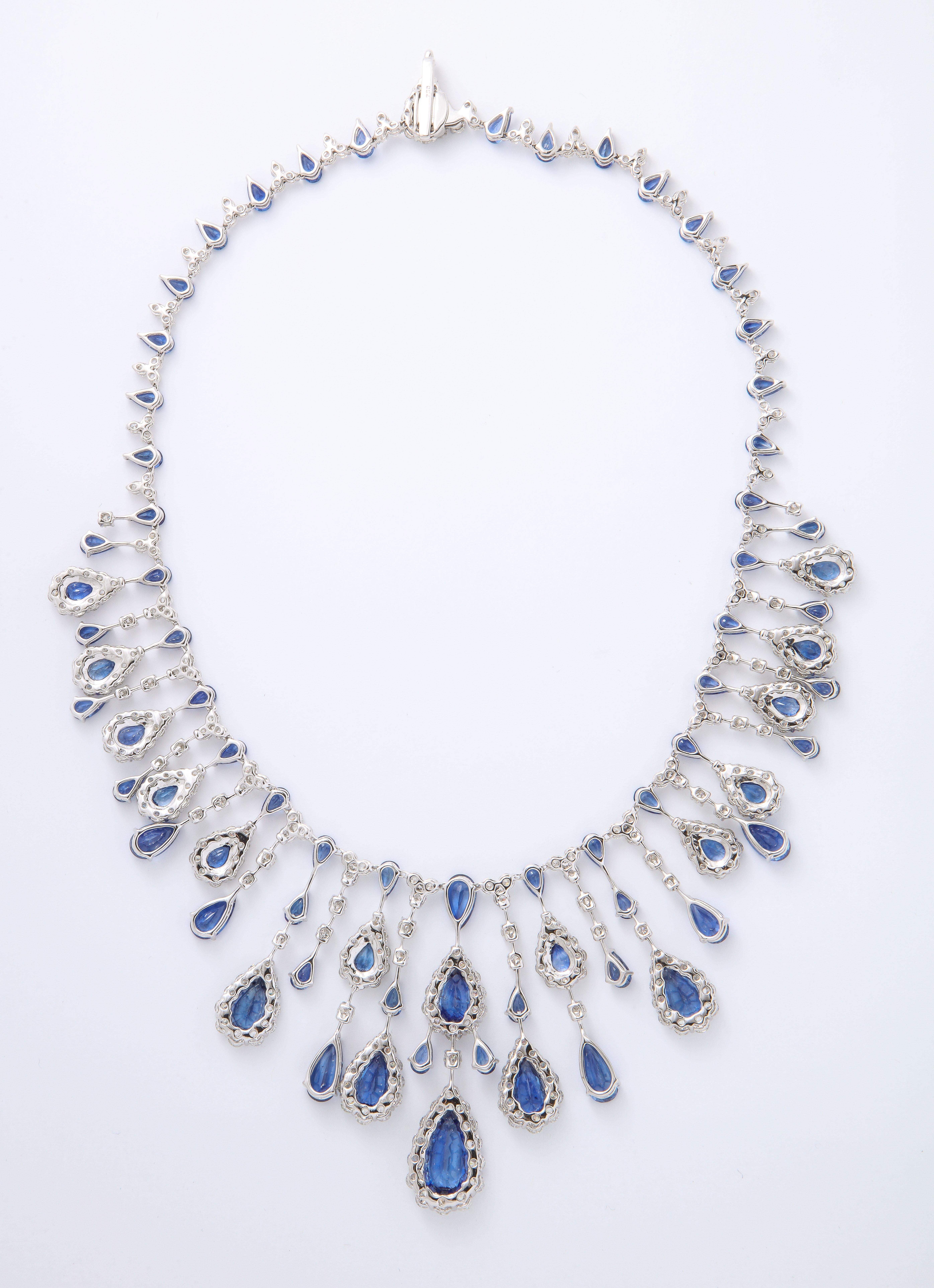 Blue Sapphire and Diamond Drop Necklace For Sale 3