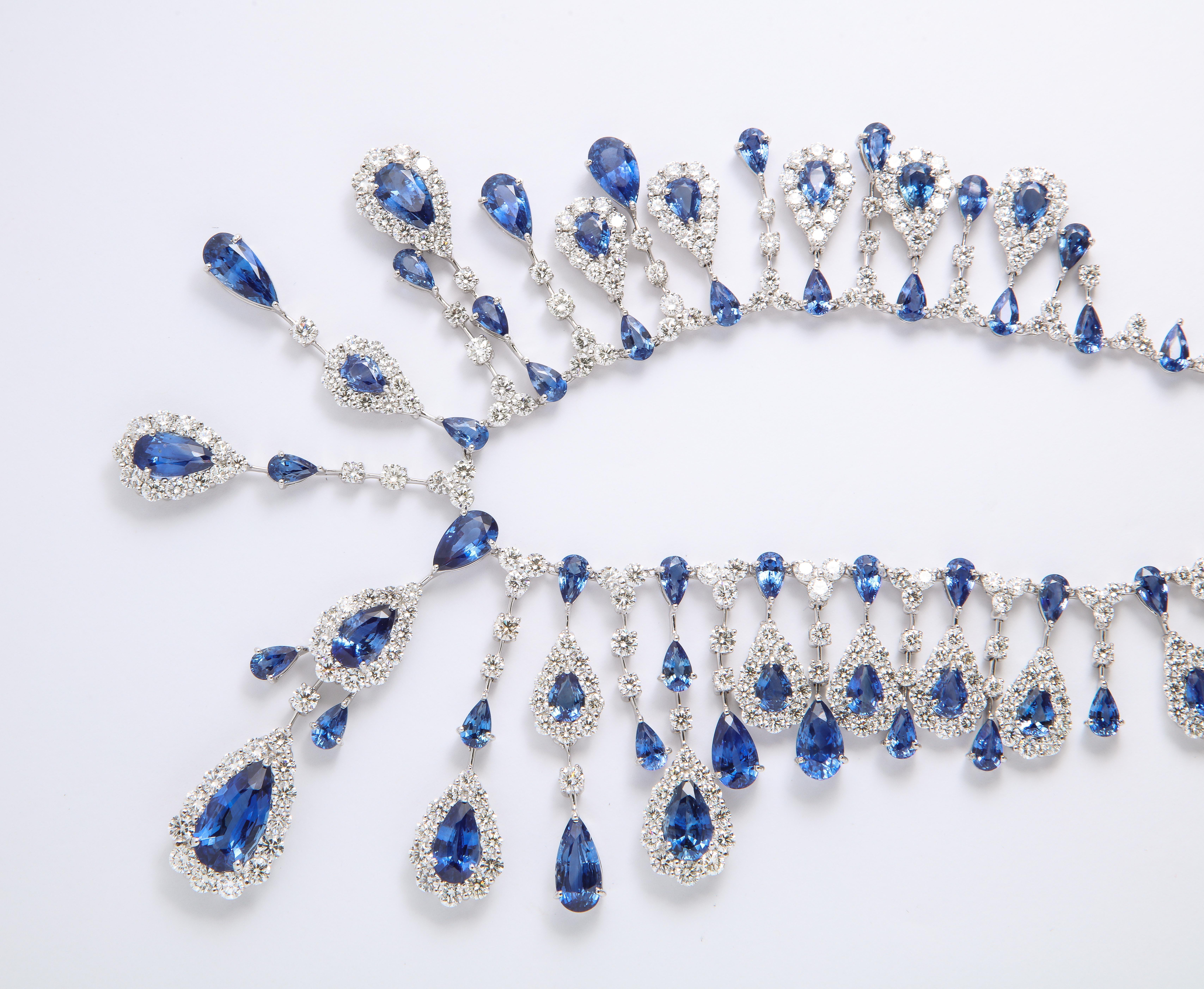 Blue Sapphire and Diamond Drop Necklace For Sale 2
