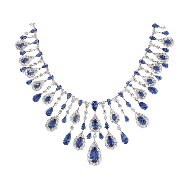 Blue Sapphire and Diamond Drop Necklace For Sale at 1stDibs
