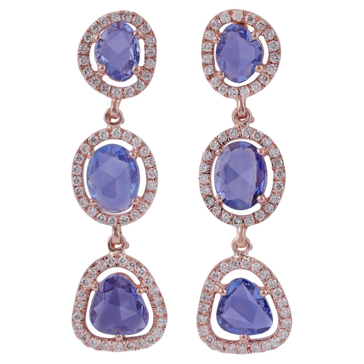 Blue Sapphire and Diamond Earring Studded in 18 Karat Rose Gold For Sale