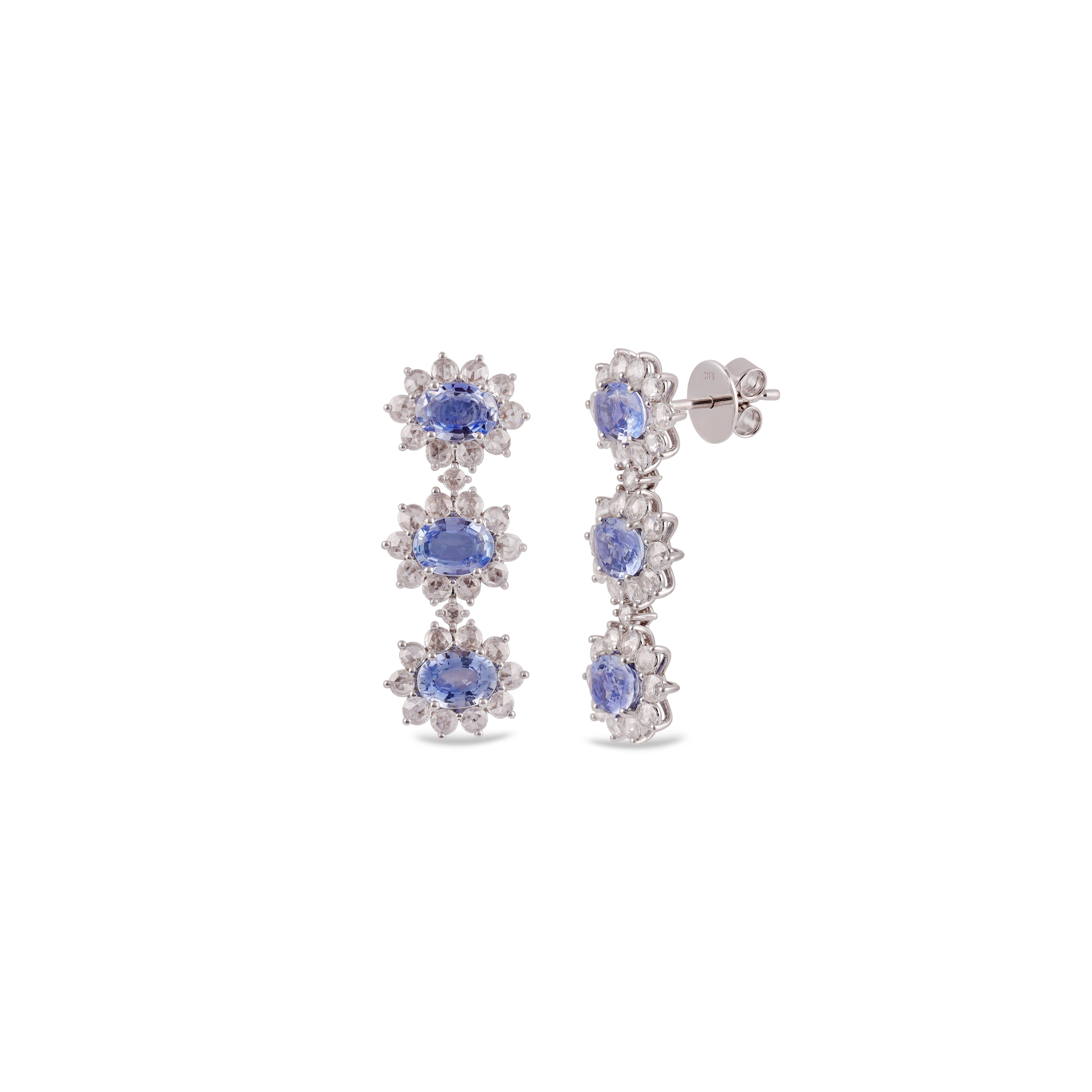 Contemporary Blue Sapphire and Diamond Earring Studded in 18 Karat White Gold