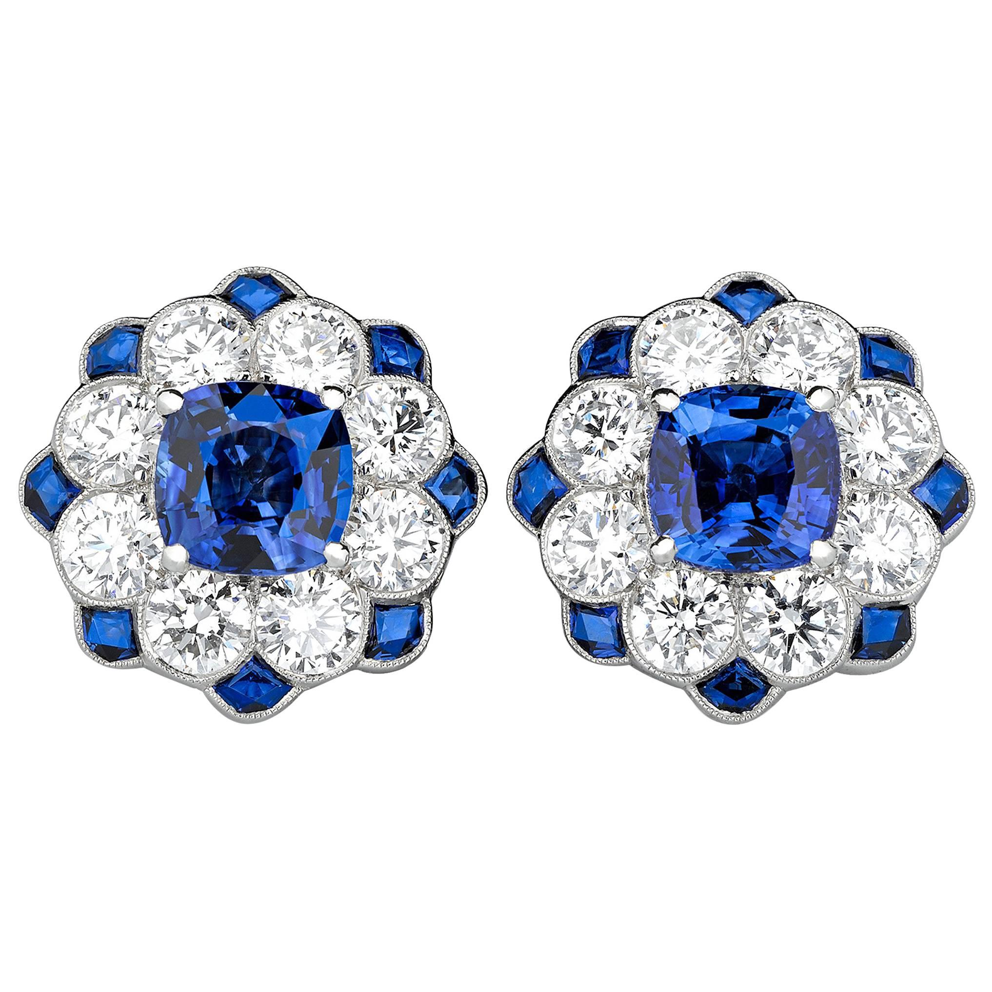 Blue Sapphire and Diamond Earrings, 2.54 Carat