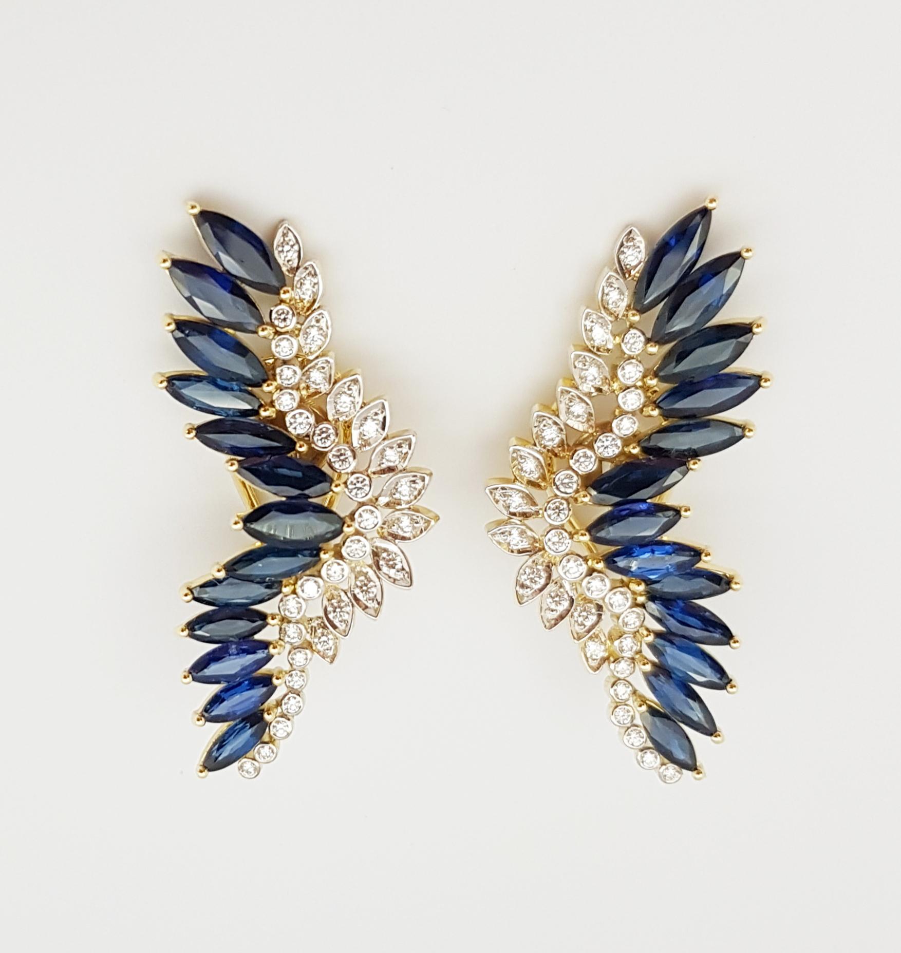 Contemporary Blue Sapphire and Diamond Earrings Set in 18 Karat Gold Settings For Sale