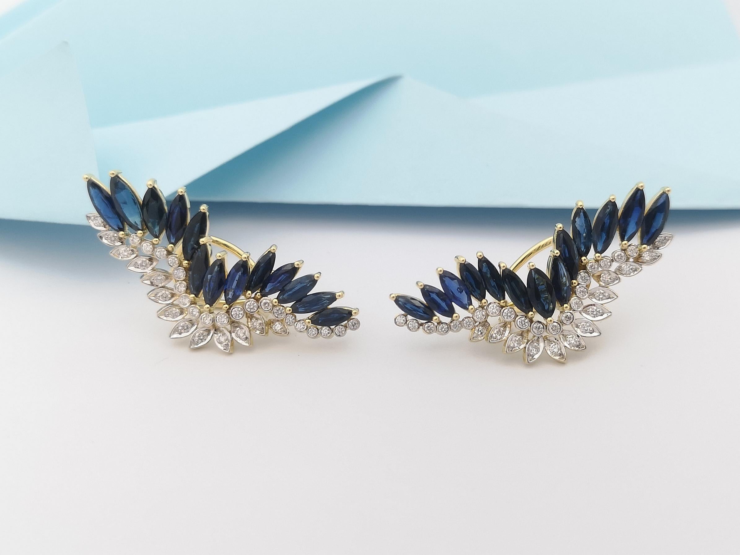 Marquise Cut Blue Sapphire and Diamond Earrings Set in 18 Karat Gold Settings For Sale