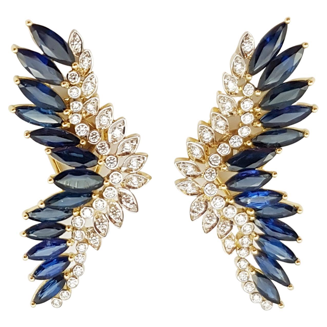 Blue Sapphire and Diamond Earrings Set in 18 Karat Gold Settings For Sale