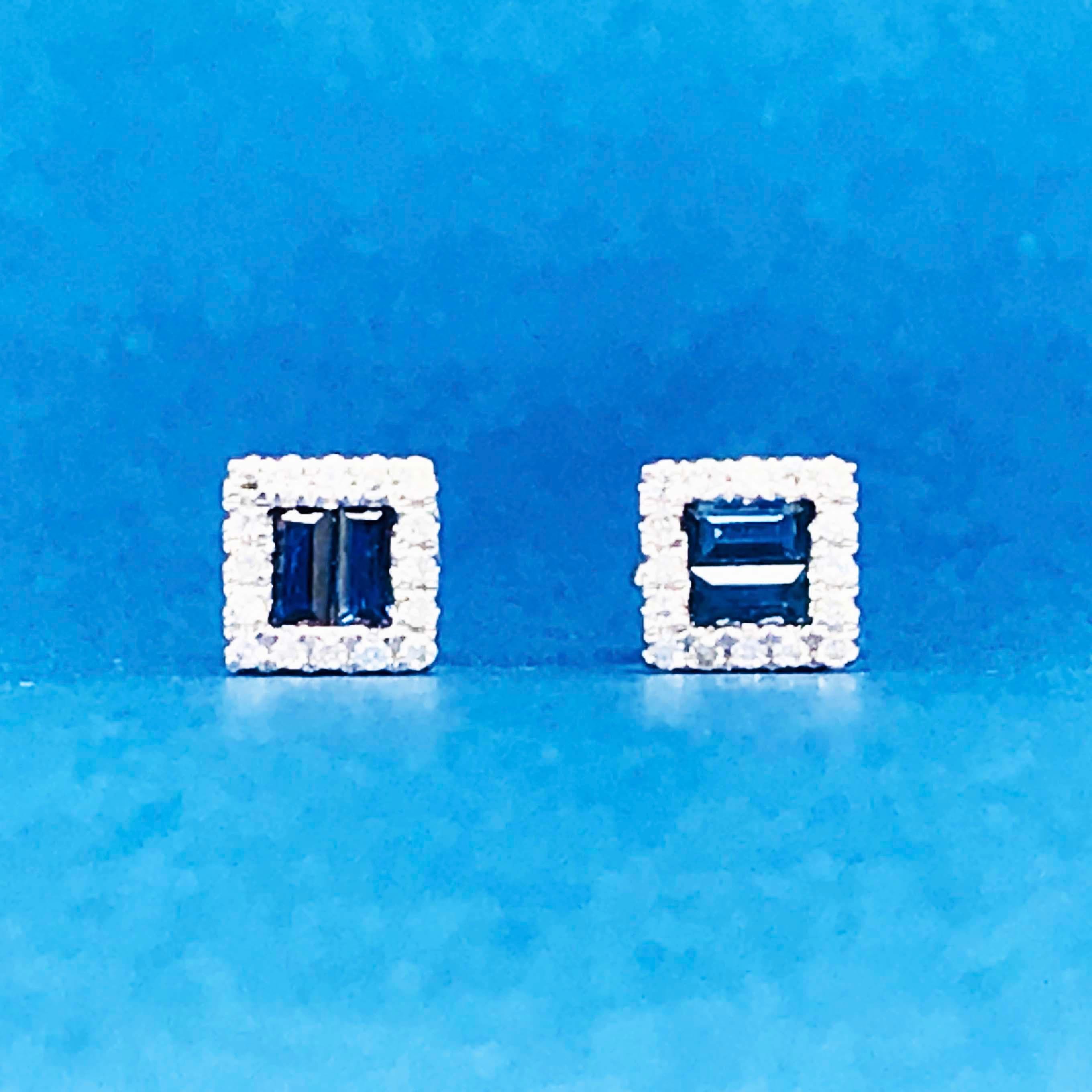 Modern Blue Sapphire and Diamond Earrings, Square Sapphire Studs with Diamond Halo