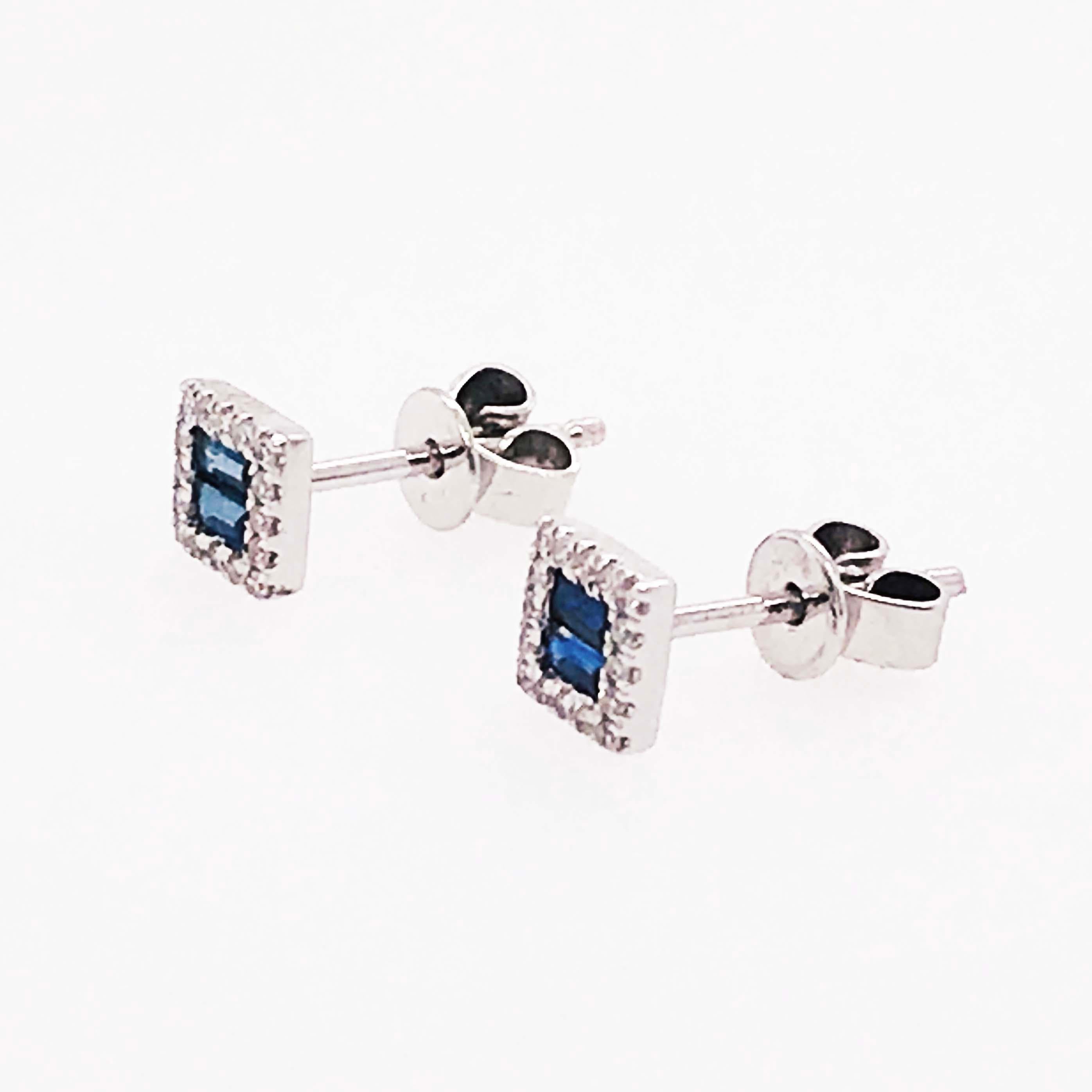 Baguette Cut Blue Sapphire and Diamond Earrings, Square Sapphire Studs with Diamond Halo