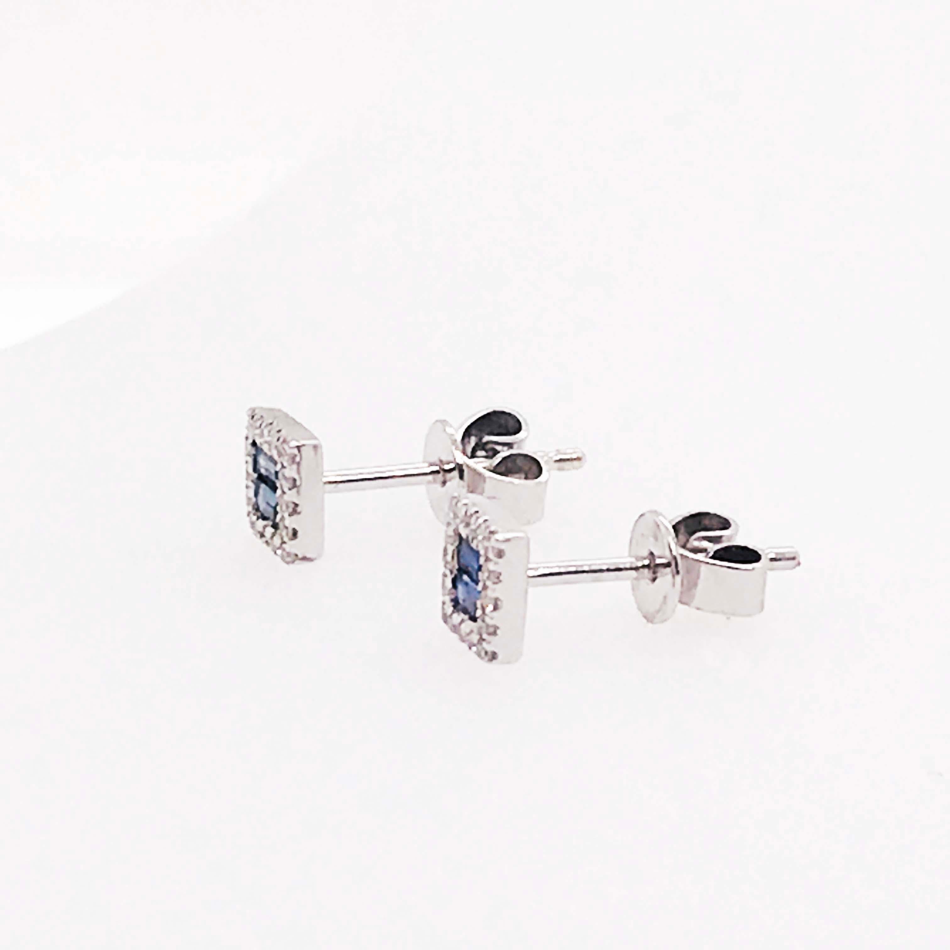 Blue Sapphire and Diamond Earrings, Square Sapphire Studs with Diamond Halo In New Condition In Austin, TX