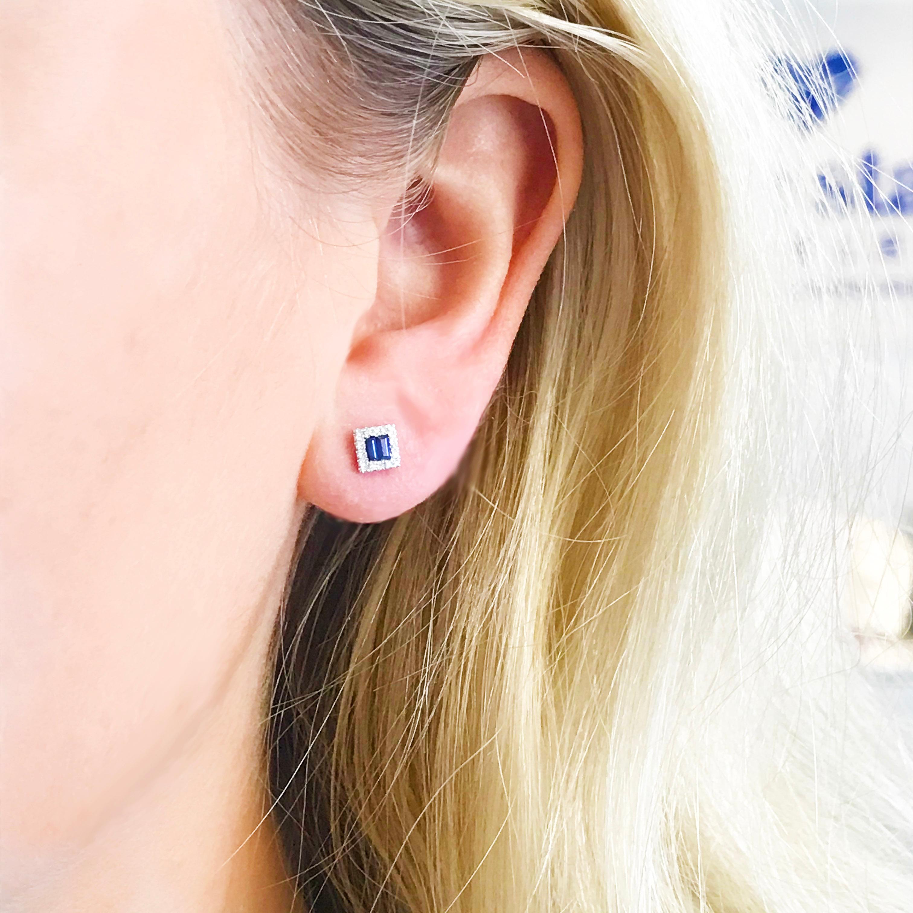 Baguette Cut Blue Sapphire and Diamond Earrings, Square Sapphire Studs with Diamond Halo