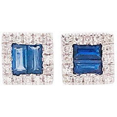 Blue Sapphire and Diamond Earrings, Square Sapphire Studs with Diamond Halo