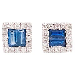 Blue Sapphire and Diamond Earrings, Square Sapphire Studs with Diamond Halo