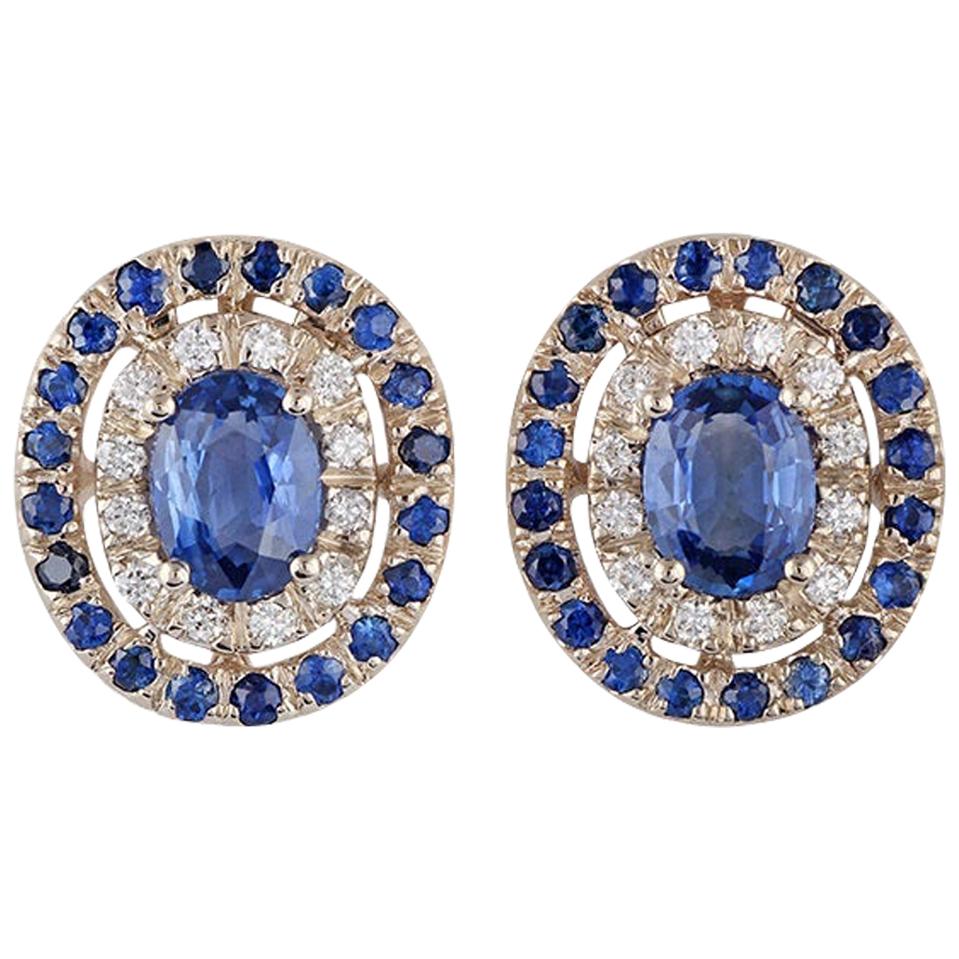 Blue Sapphire and Diamond Earrings Studded in 18 Karat White Gold
