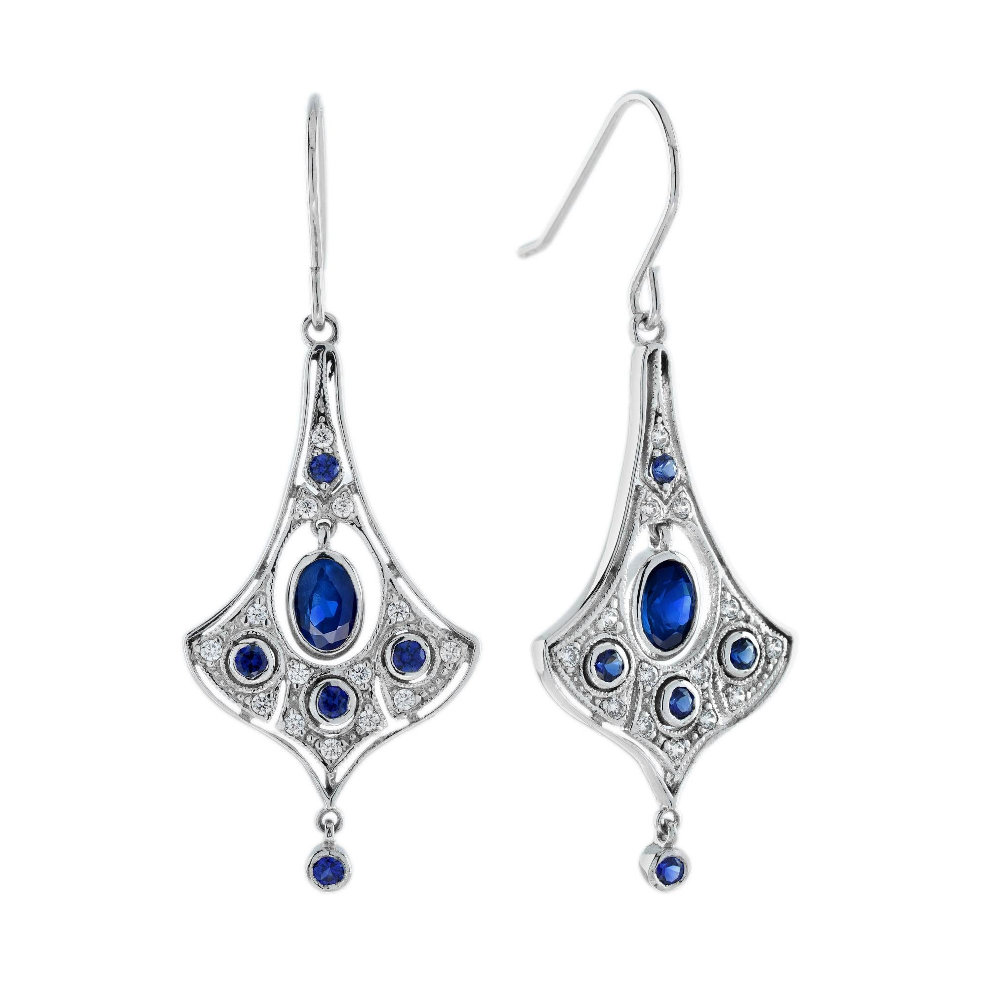 Blue Sapphire and Diamond Edwardian Style Drop Earrings in 18K White Gold For Sale