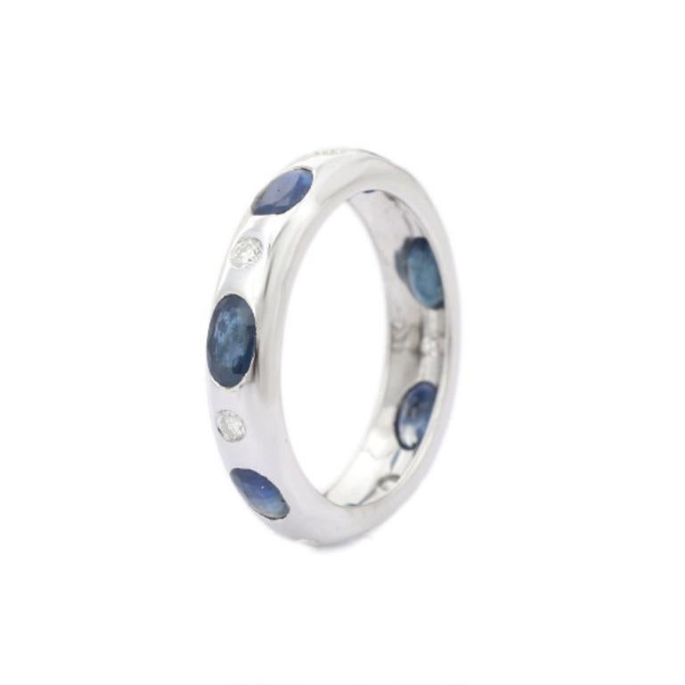Blue Sapphire and Diamond Encrusted Unisex Band Ring in Sterling Silver 3