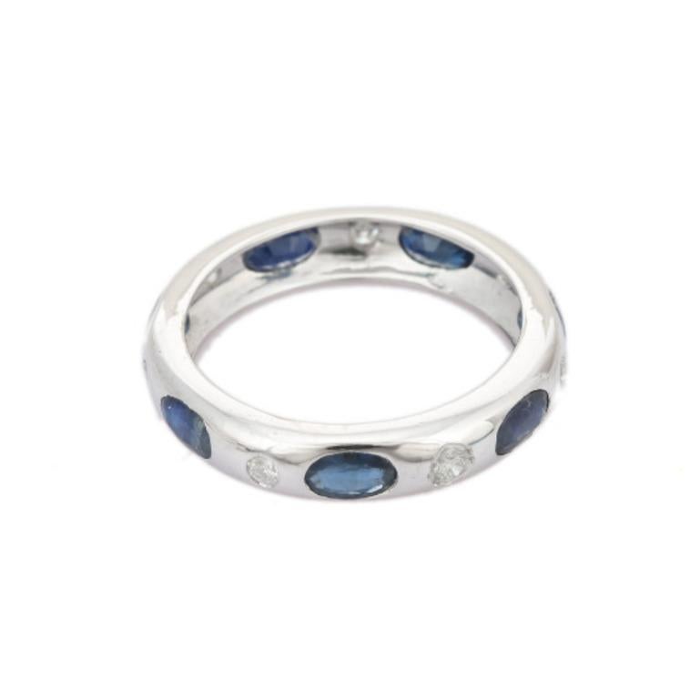Blue Sapphire and Diamond Encrusted Unisex Band Ring in Sterling Silver 4