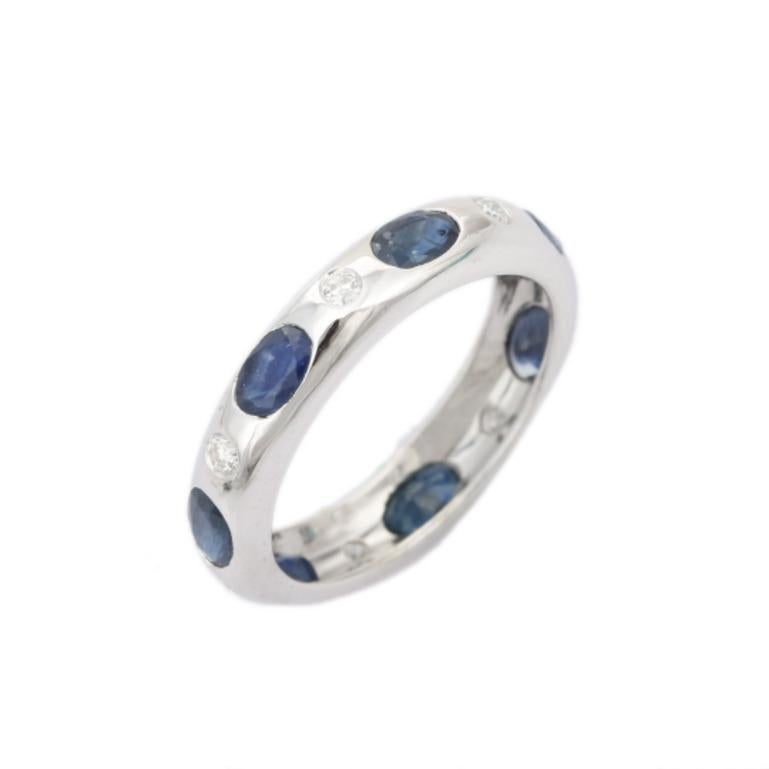 Blue Sapphire and Diamond Encrusted Unisex Band Ring in Sterling Silver 6