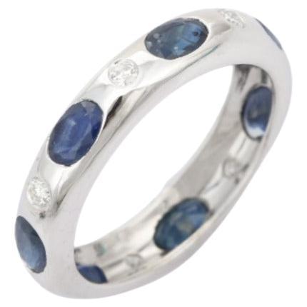 Blue Sapphire and Diamond Encrusted Unisex Band Ring in Sterling Silver