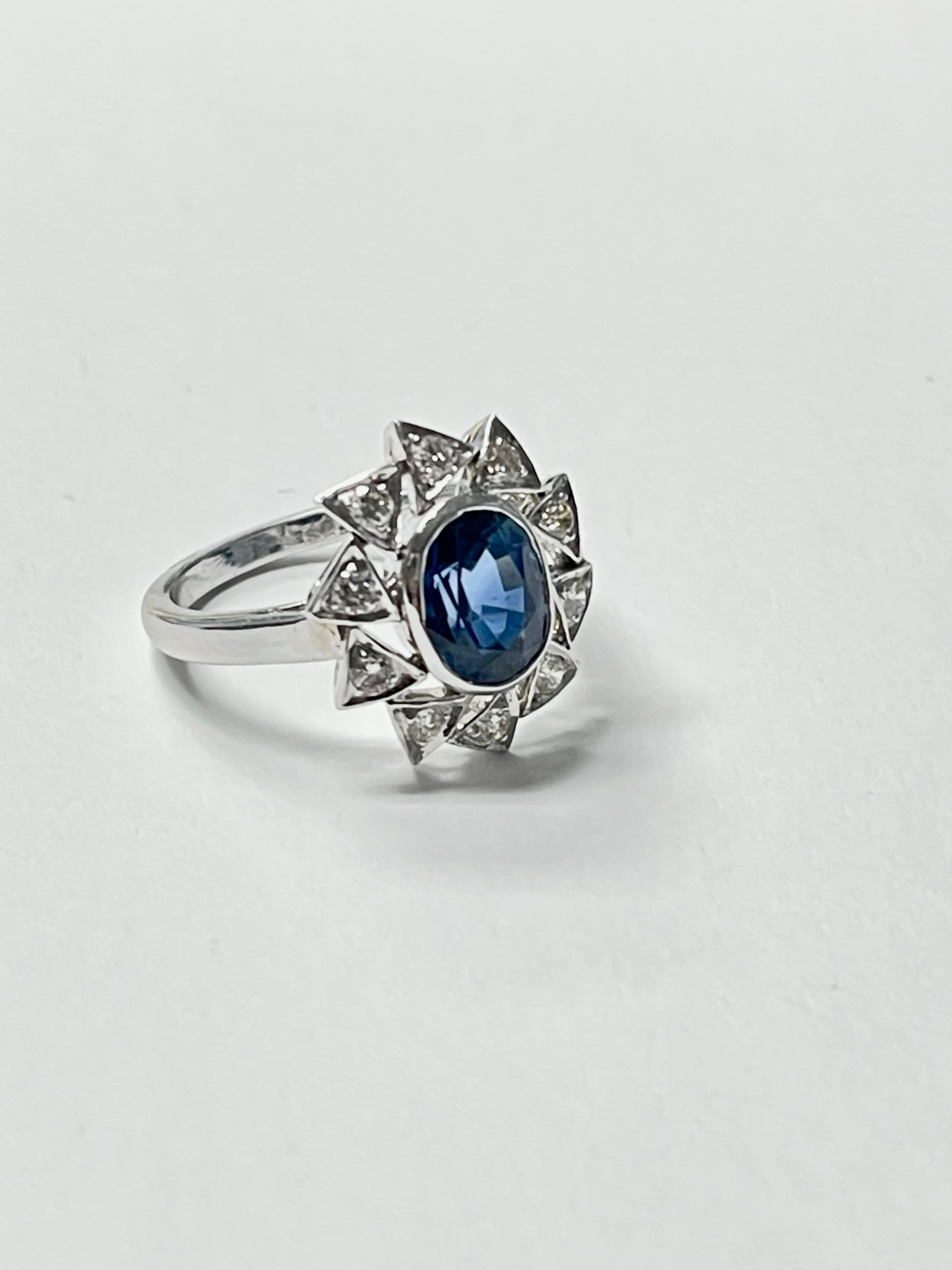 Blue Sapphire and Diamond Engagement Ring in 18K White Gold For Sale 1