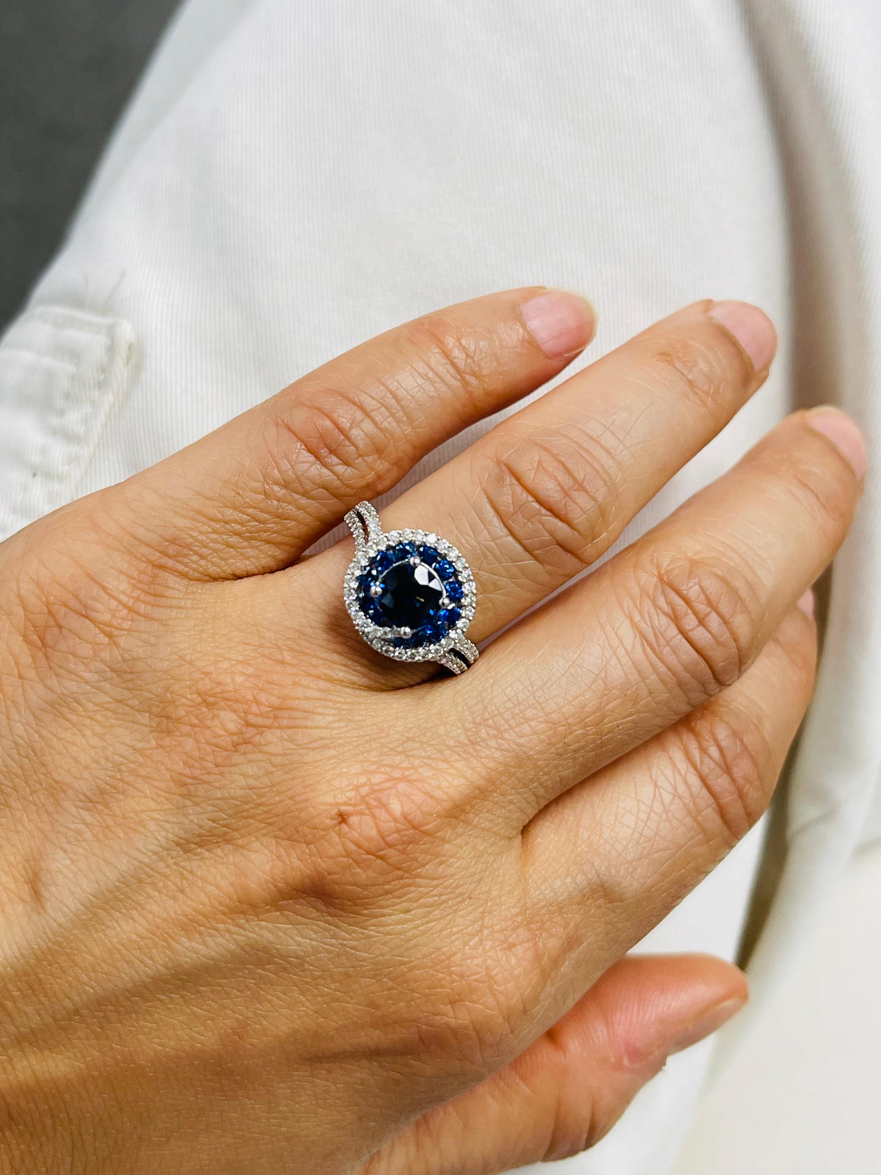 Blue Sapphire and Diamond Engagement Ring In 18k White Gold. For Sale 2