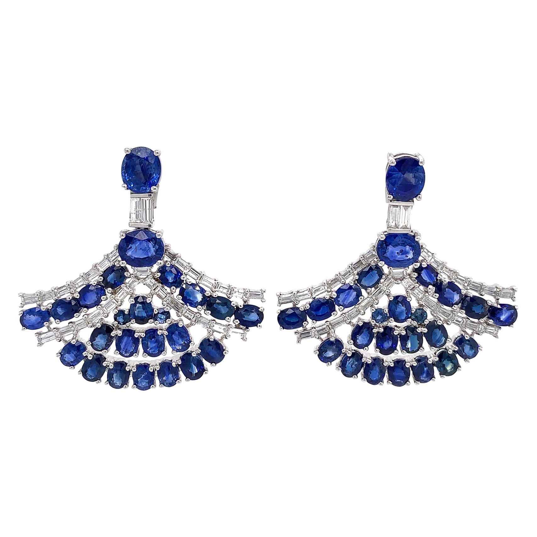 RUCHI Blue Sapphire with Diamond Baguettes White Gold Fan-Shaped Earrings For Sale