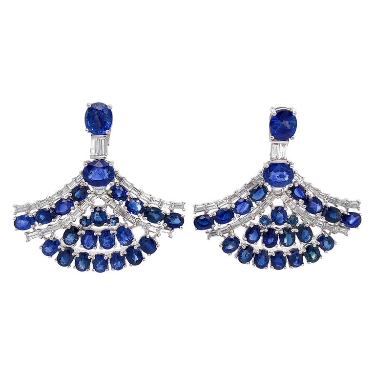 Blue Sapphire and Diamond Fan Earrings For Sale (Free Shipping) at 1stDibs