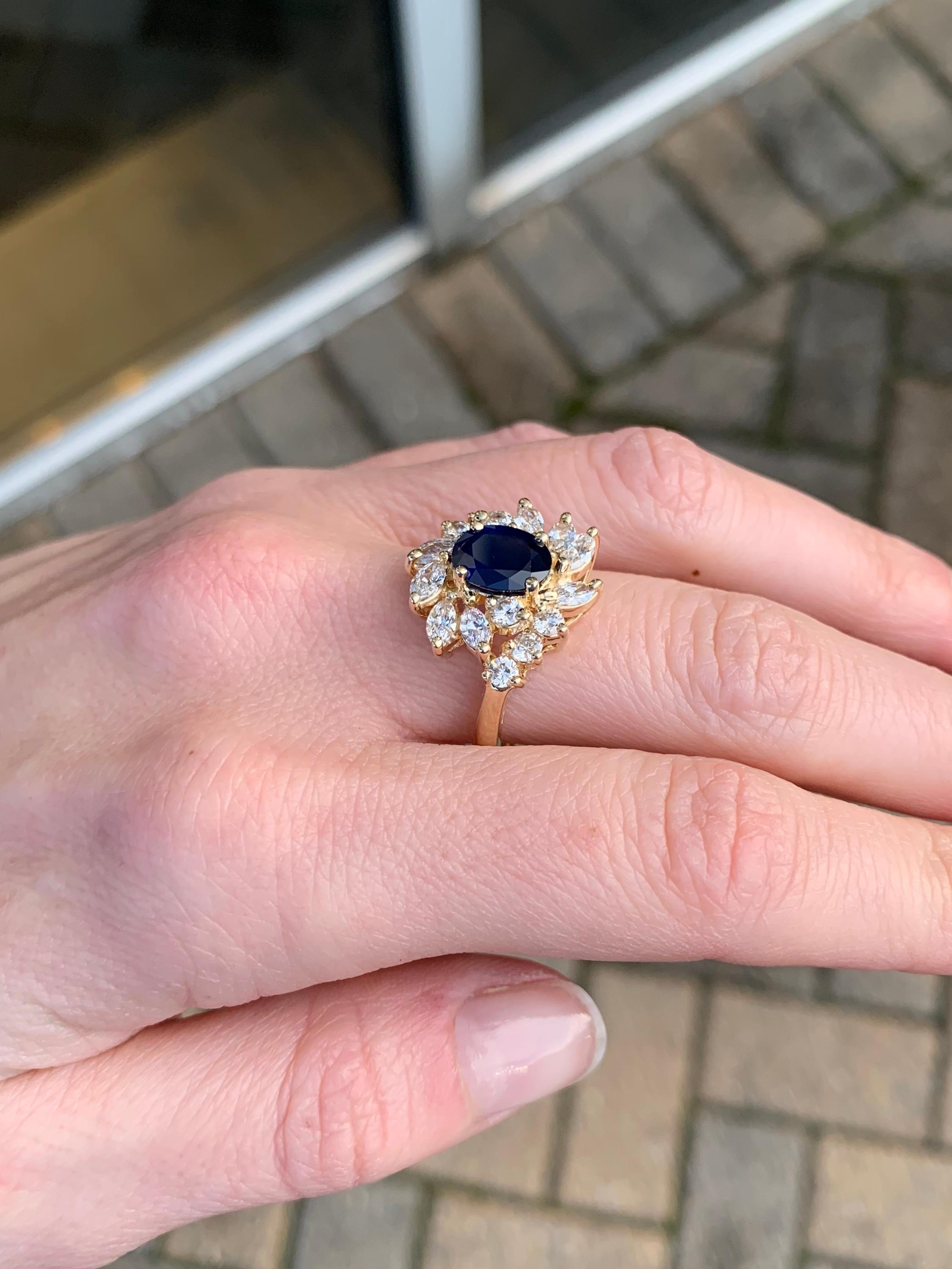 Blue Sapphire and Diamond Fancy Halo 14 Karat Yellow Gold Ring For Sale 6