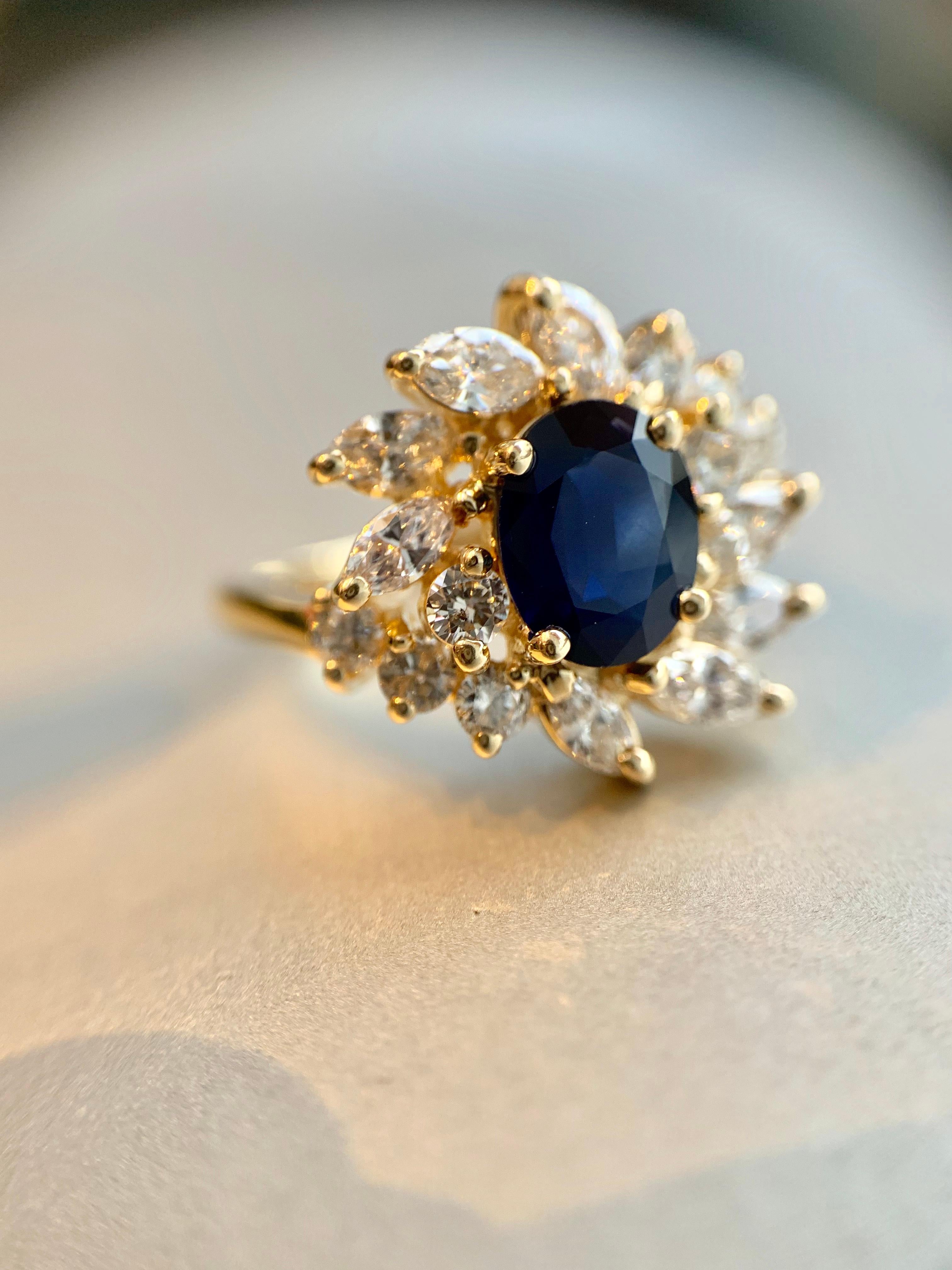 Blue Sapphire and Diamond Fancy Halo 14 Karat Yellow Gold Ring For Sale 7