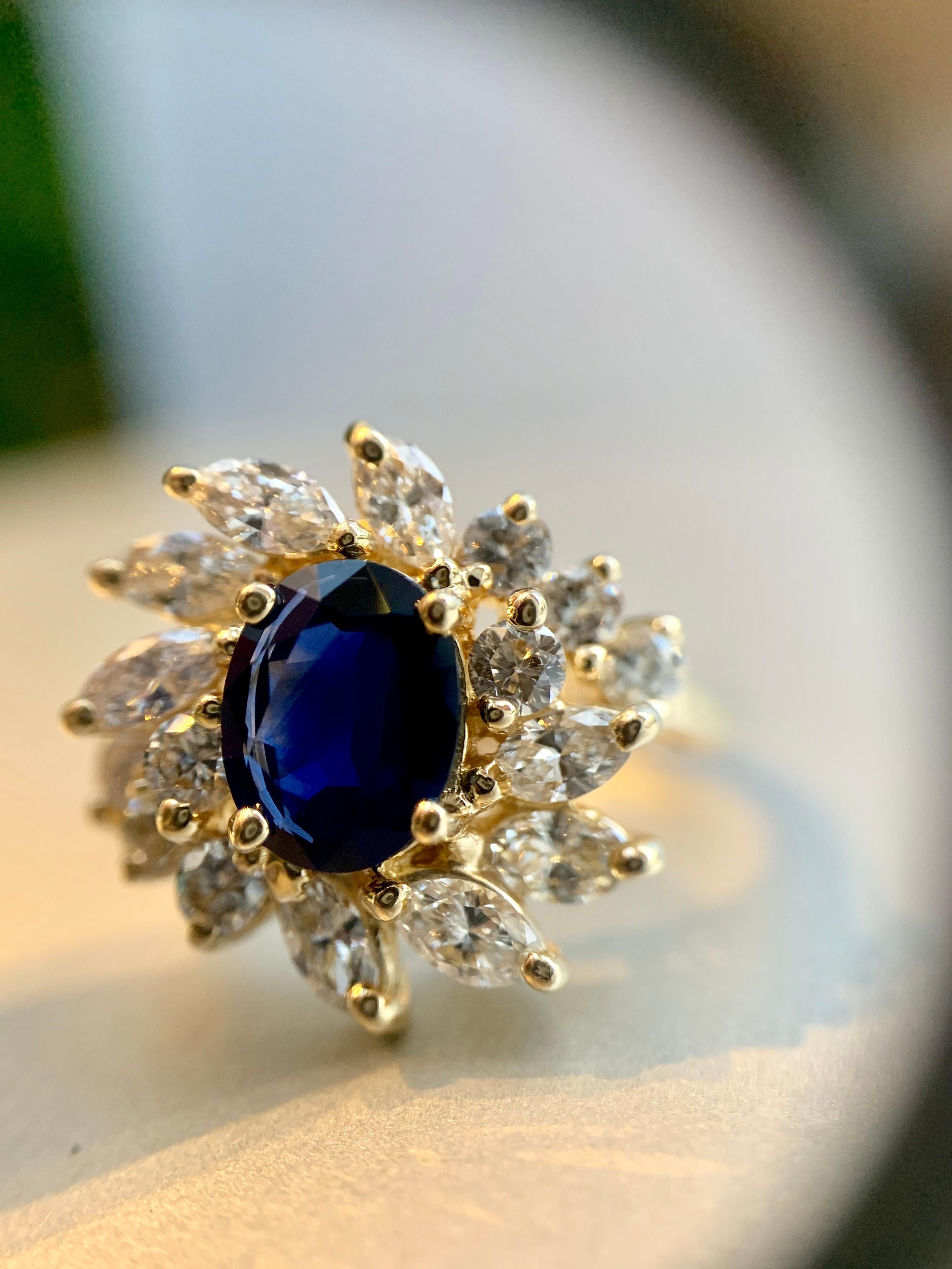 Blue Sapphire and Diamond Fancy Halo 14 Karat Yellow Gold Ring For Sale 8
