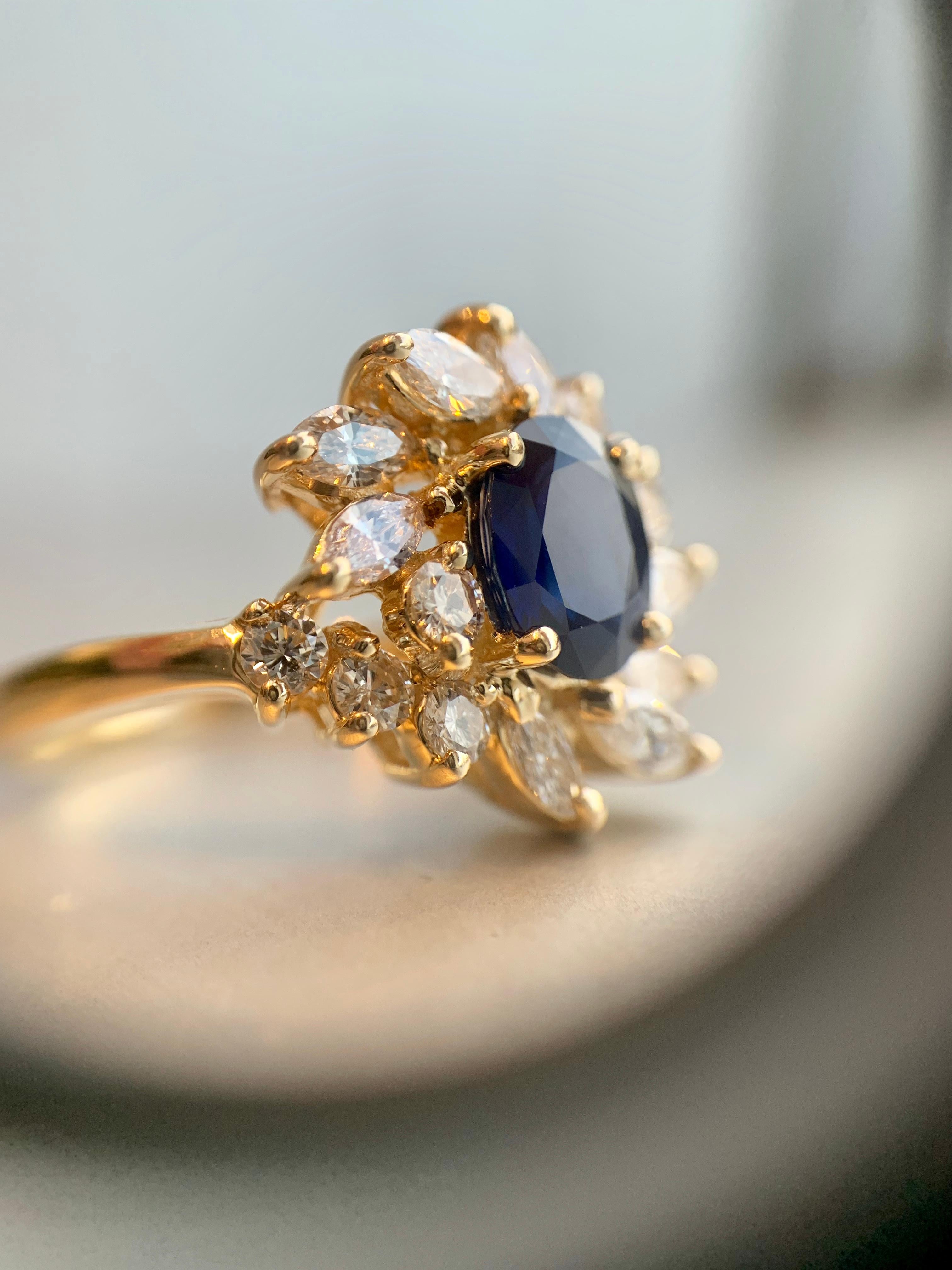 Blue Sapphire and Diamond Fancy Halo 14 Karat Yellow Gold Ring For Sale 9