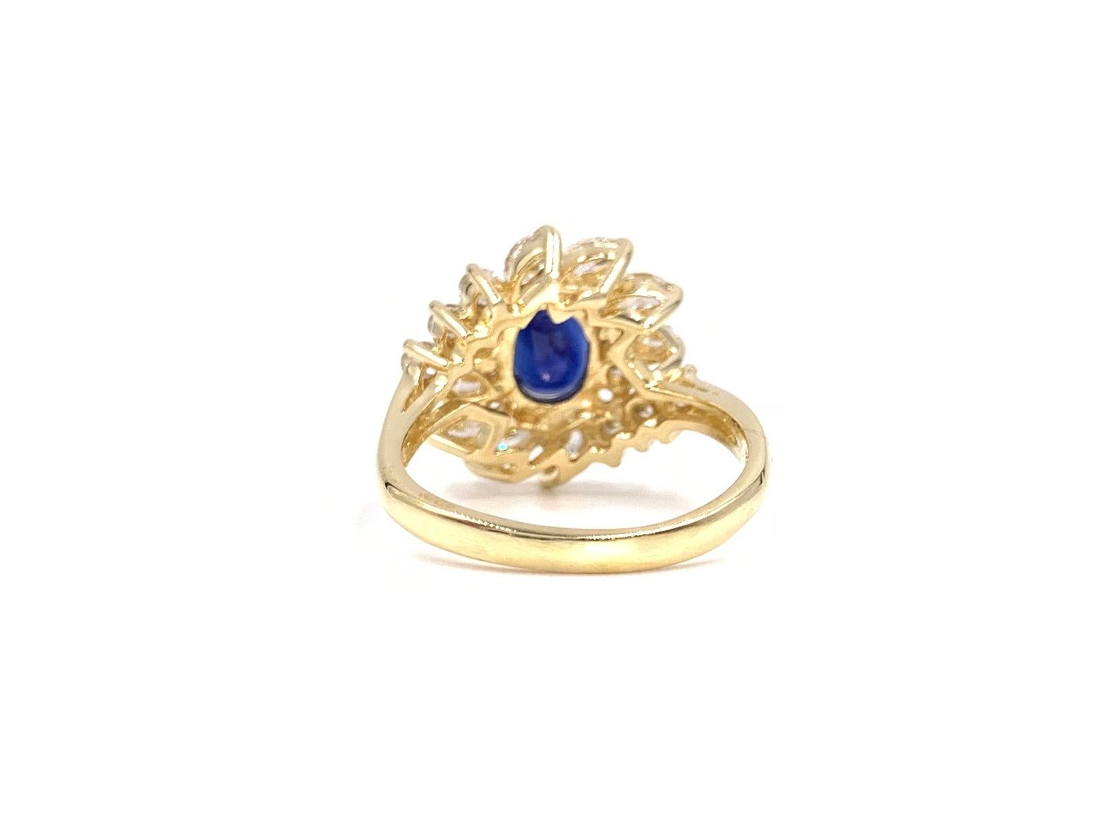 Women's Blue Sapphire and Diamond Fancy Halo 14 Karat Yellow Gold Ring For Sale