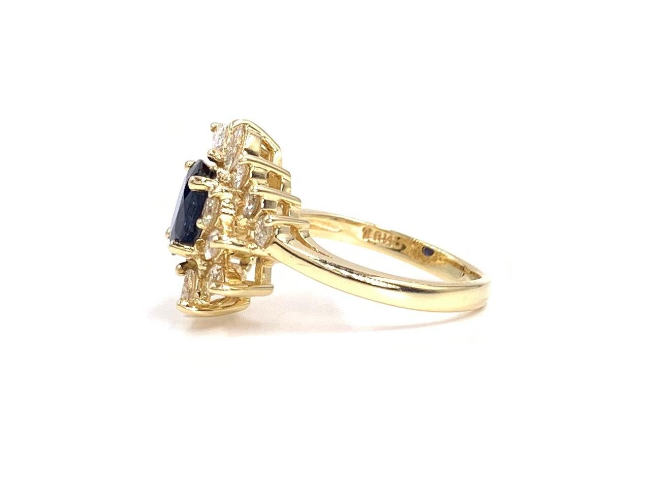 Blue Sapphire and Diamond Fancy Halo 14 Karat Yellow Gold Ring For Sale 1