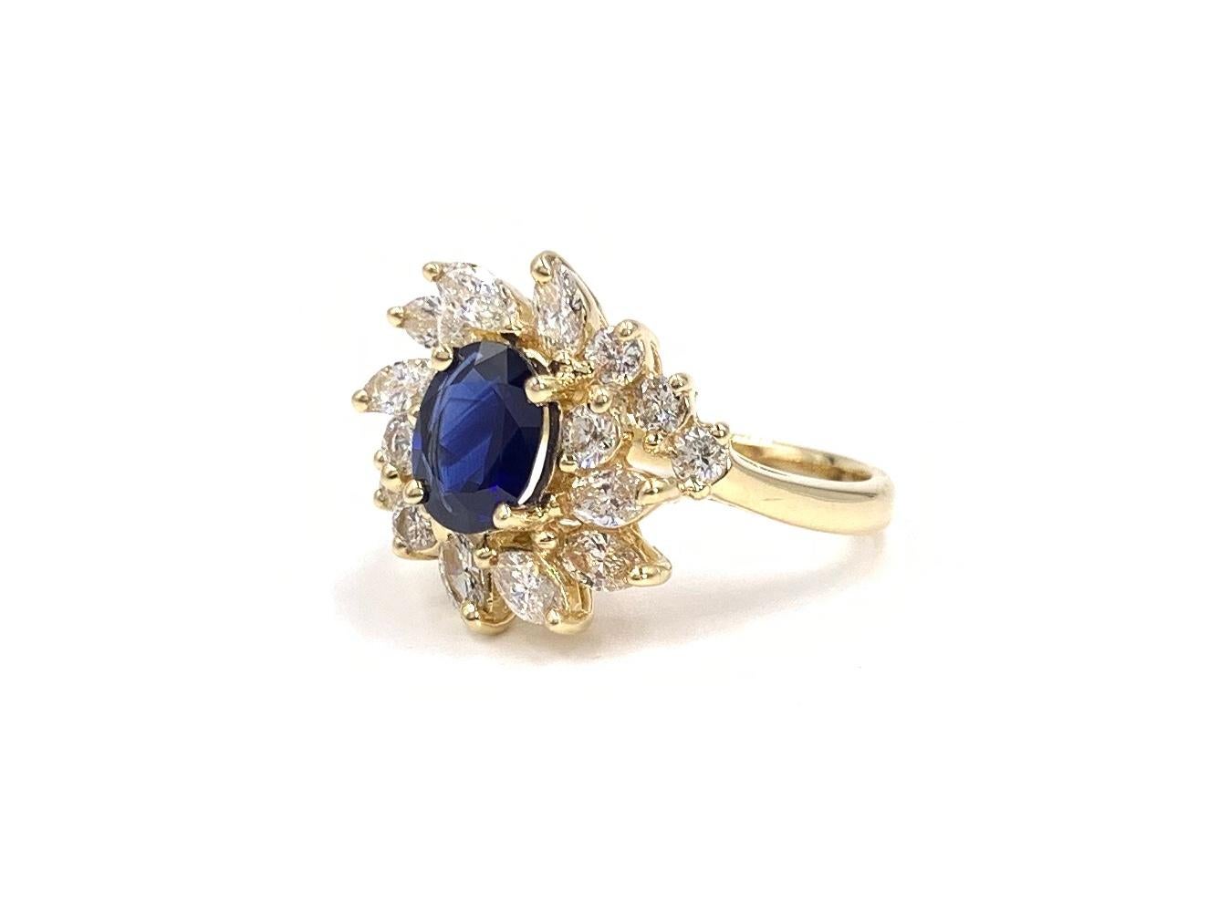 Blue Sapphire and Diamond Fancy Halo 14 Karat Yellow Gold Ring For Sale 2