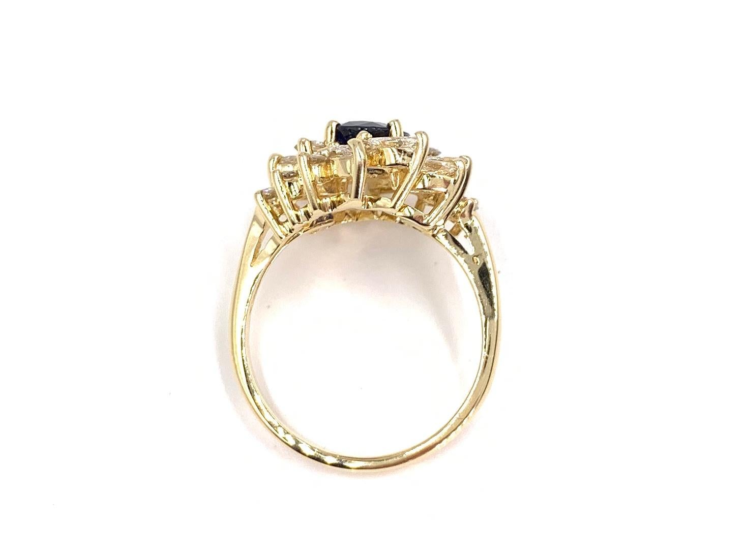Blue Sapphire and Diamond Fancy Halo 14 Karat Yellow Gold Ring For Sale 3