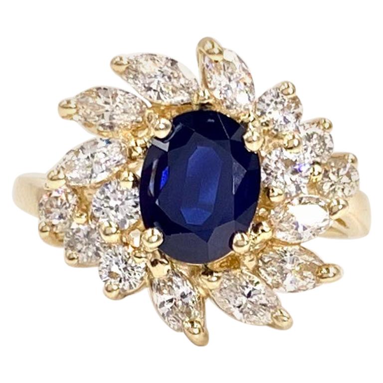 Blue Sapphire and Diamond Fancy Halo 14 Karat Yellow Gold Ring For Sale