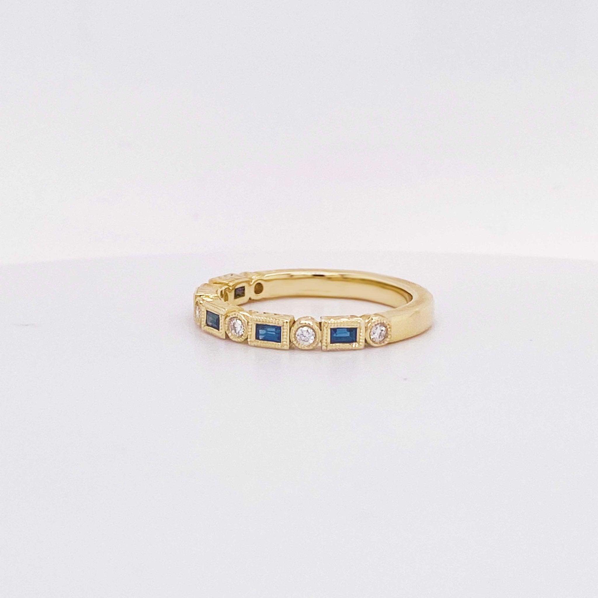 Blue Sapphire and Diamond Fashion Band Bezel Stackable Band 14 Karat Yellow Gold 2