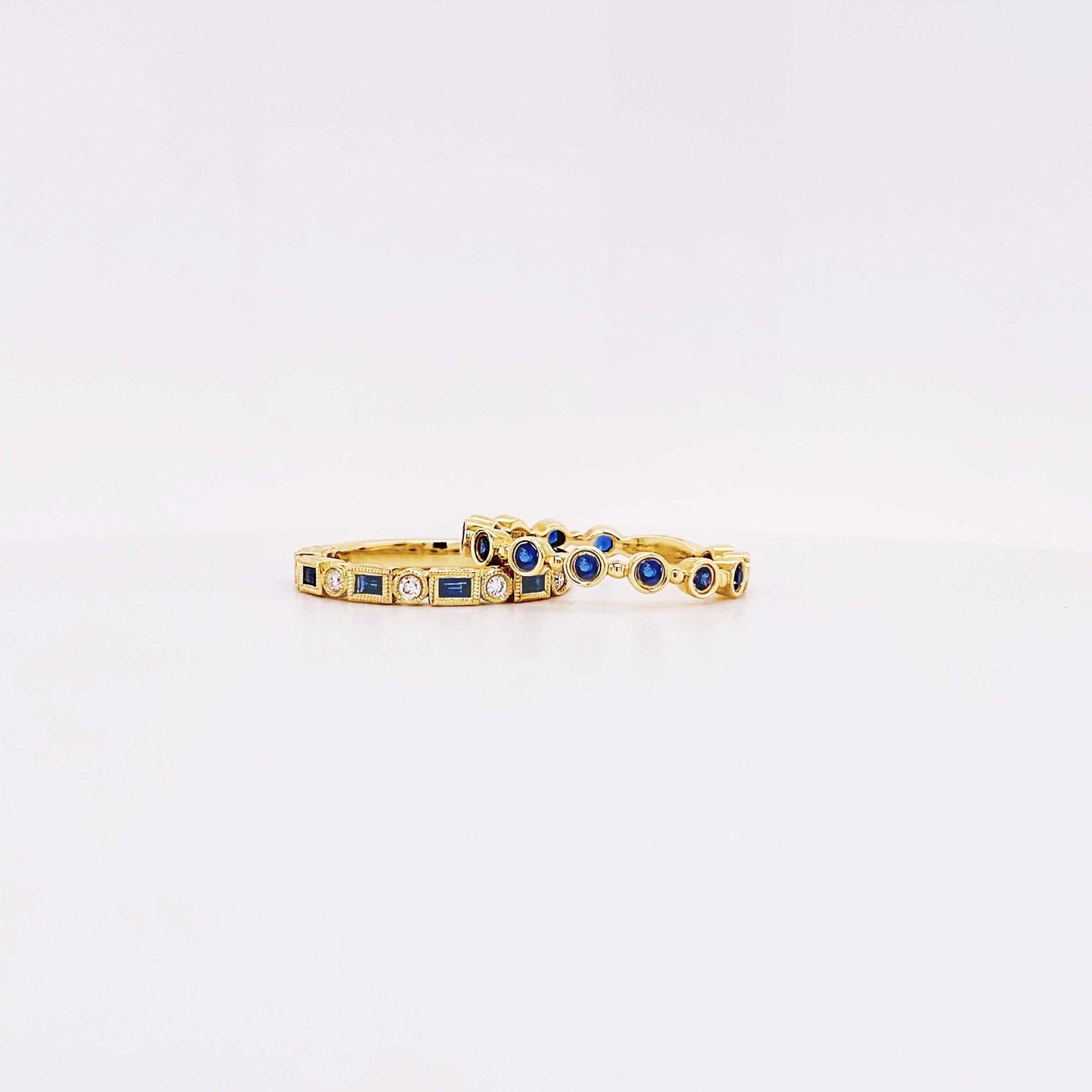 Blue Sapphire and Diamond Fashion Band Bezel Stackable Band 14 Karat Yellow Gold 5