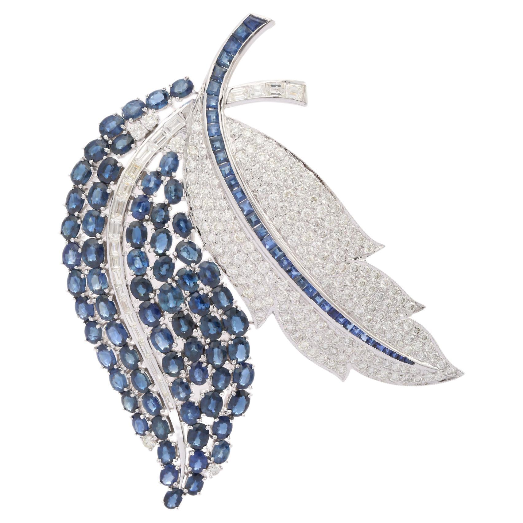 23.97 Carats Blue Sapphire and Diamond Feather Brooch 18k Solid White Gold For Sale