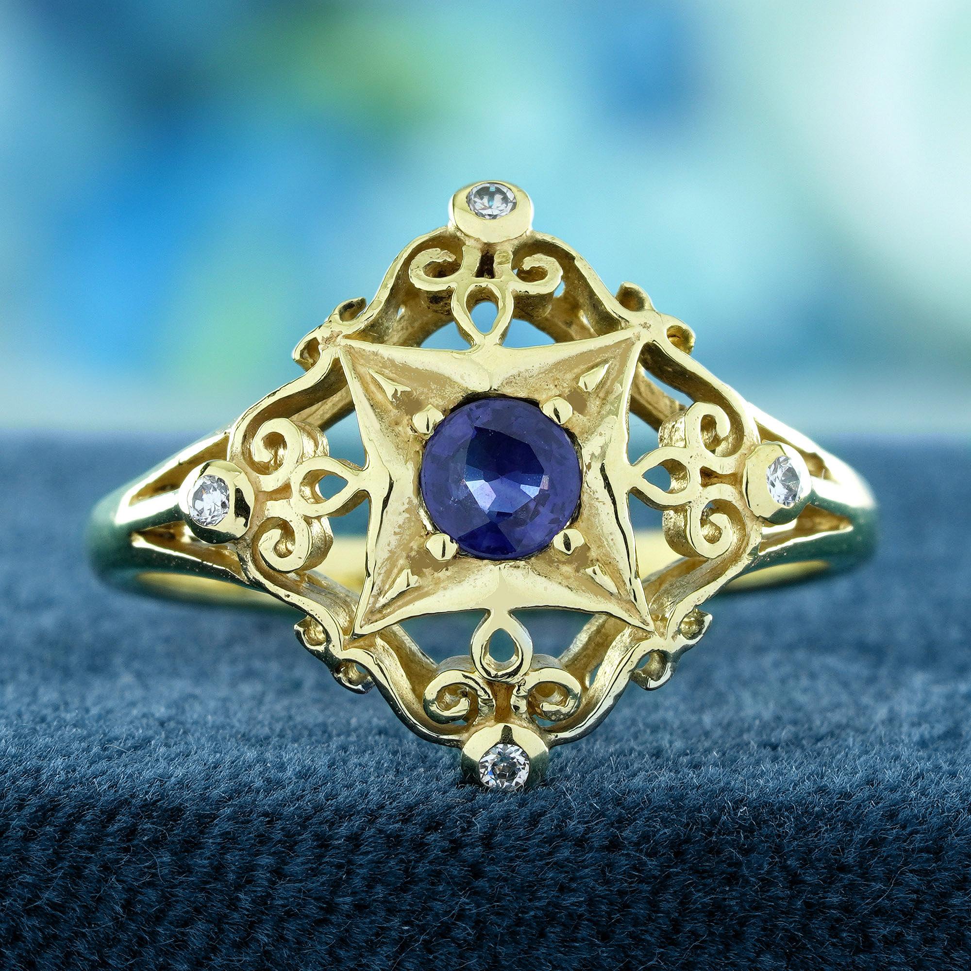A piece that blends timeless elegance with intricate craftsmanship. At its center sits a captivating blue sapphire, its deep blue hue symbolizing wisdom, loyalty, and nobility. Surrounded by sparkling diamonds, the sapphire’s rich color is enhanced