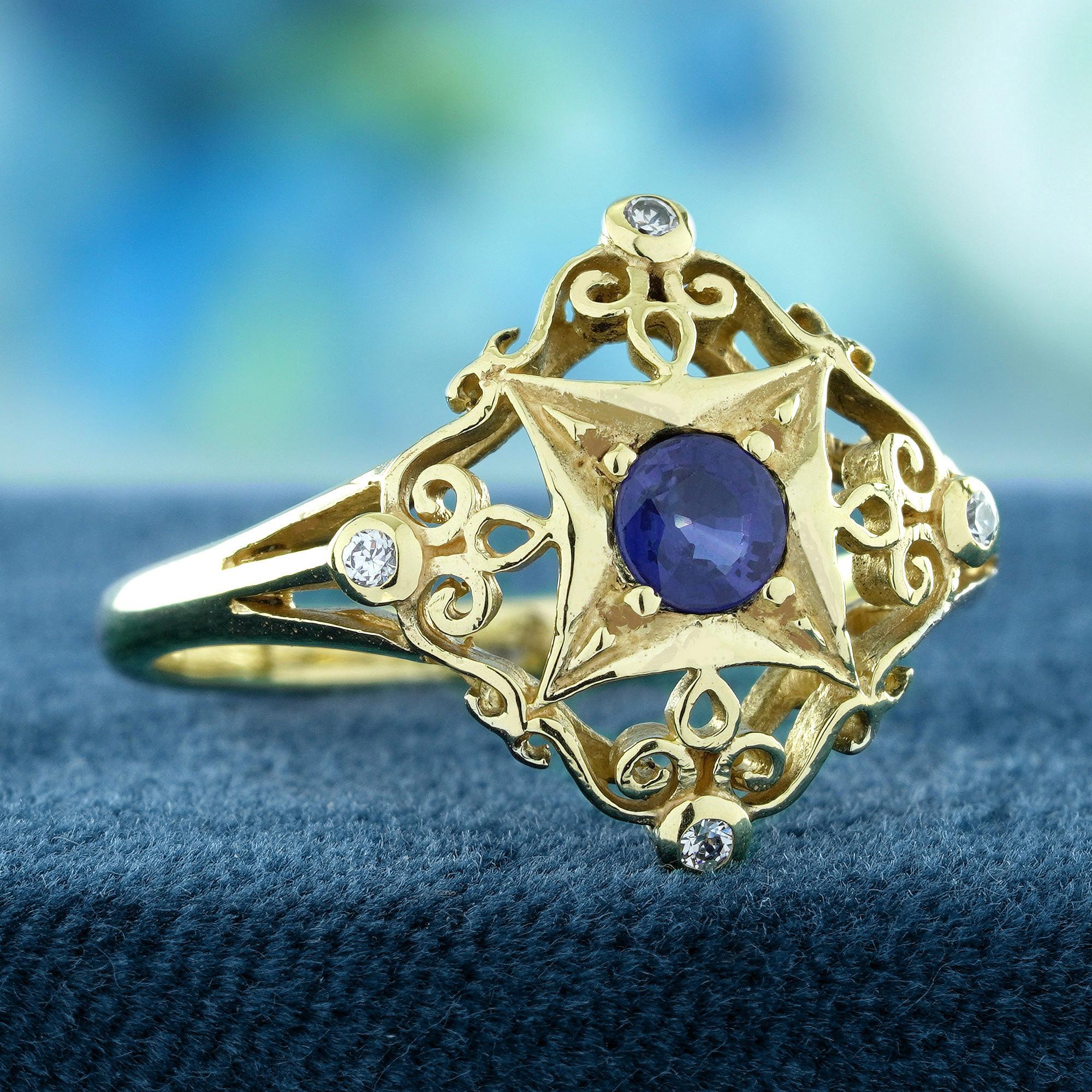 Edwardian Blue Sapphire and Diamond Filigree  Vintage Style Ring in Solid 14K Yellow Gold For Sale