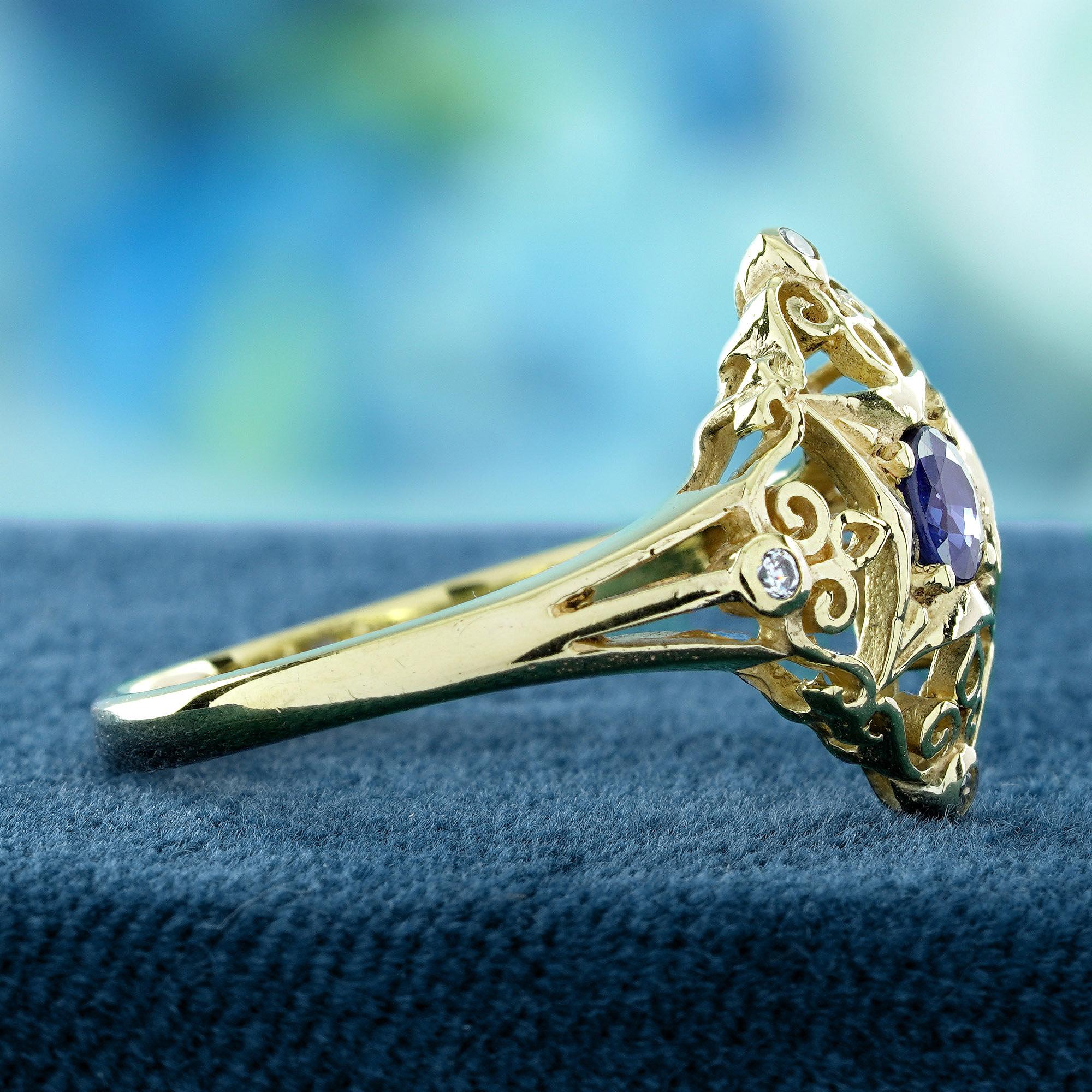 Oval Cut Blue Sapphire and Diamond Filigree  Vintage Style Ring in Solid 14K Yellow Gold For Sale