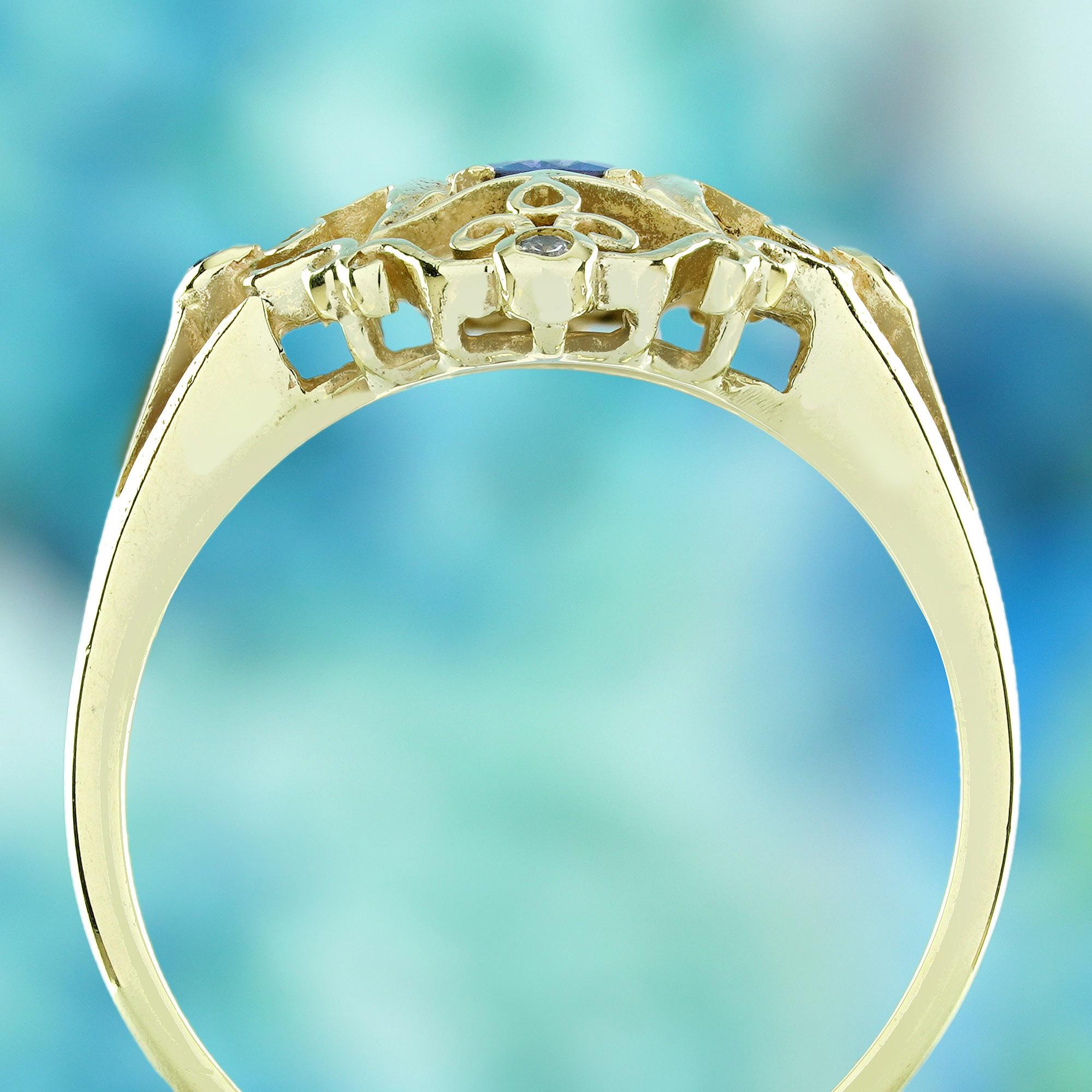 Blue Sapphire and Diamond Filigree  Vintage Style Ring in Solid 14K Yellow Gold In New Condition For Sale In Bangkok, TH