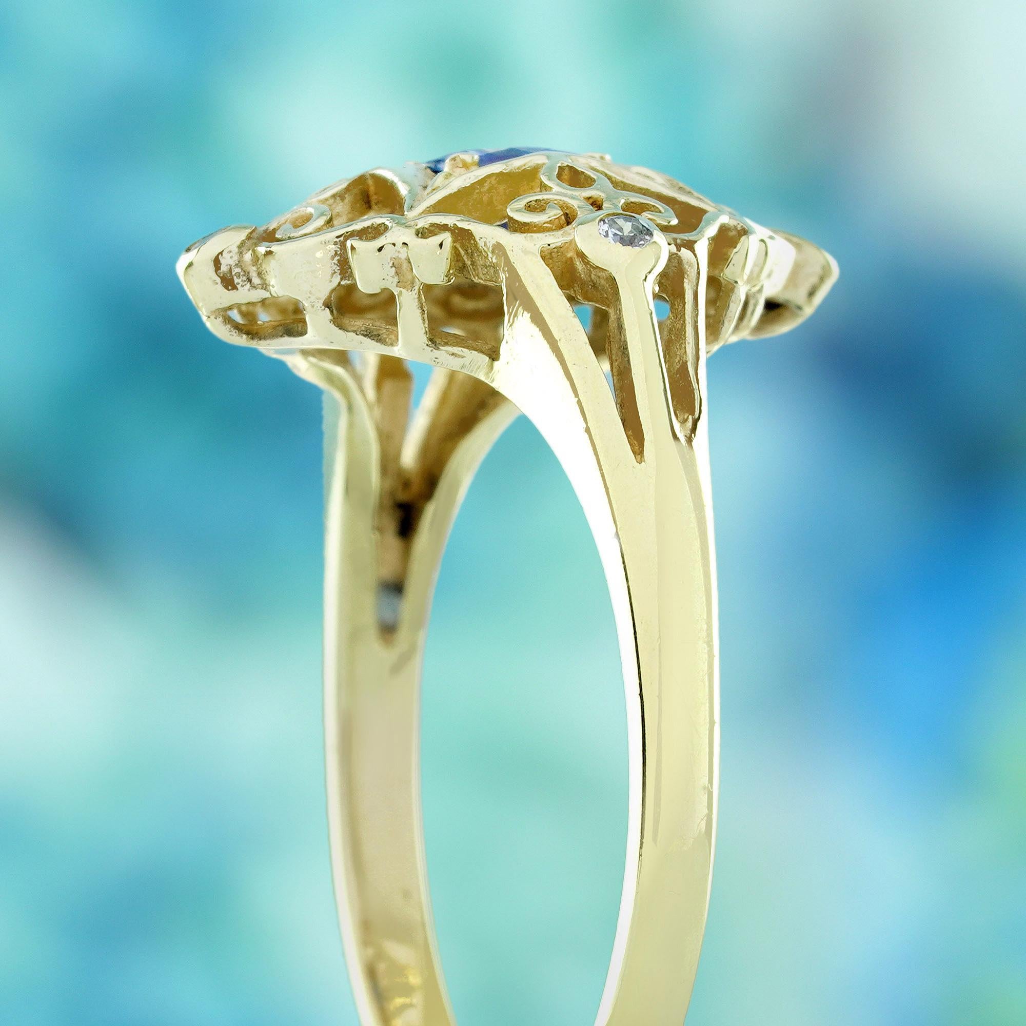 Women's Blue Sapphire and Diamond Filigree  Vintage Style Ring in Solid 14K Yellow Gold For Sale