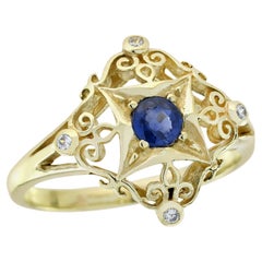 Filigraner blauer Saphir und Diamant  Ring im Vintage-Stil aus massivem 14K Gelbgold