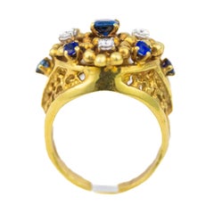 Blue Sapphire and Diamond Floral Cluster Ring