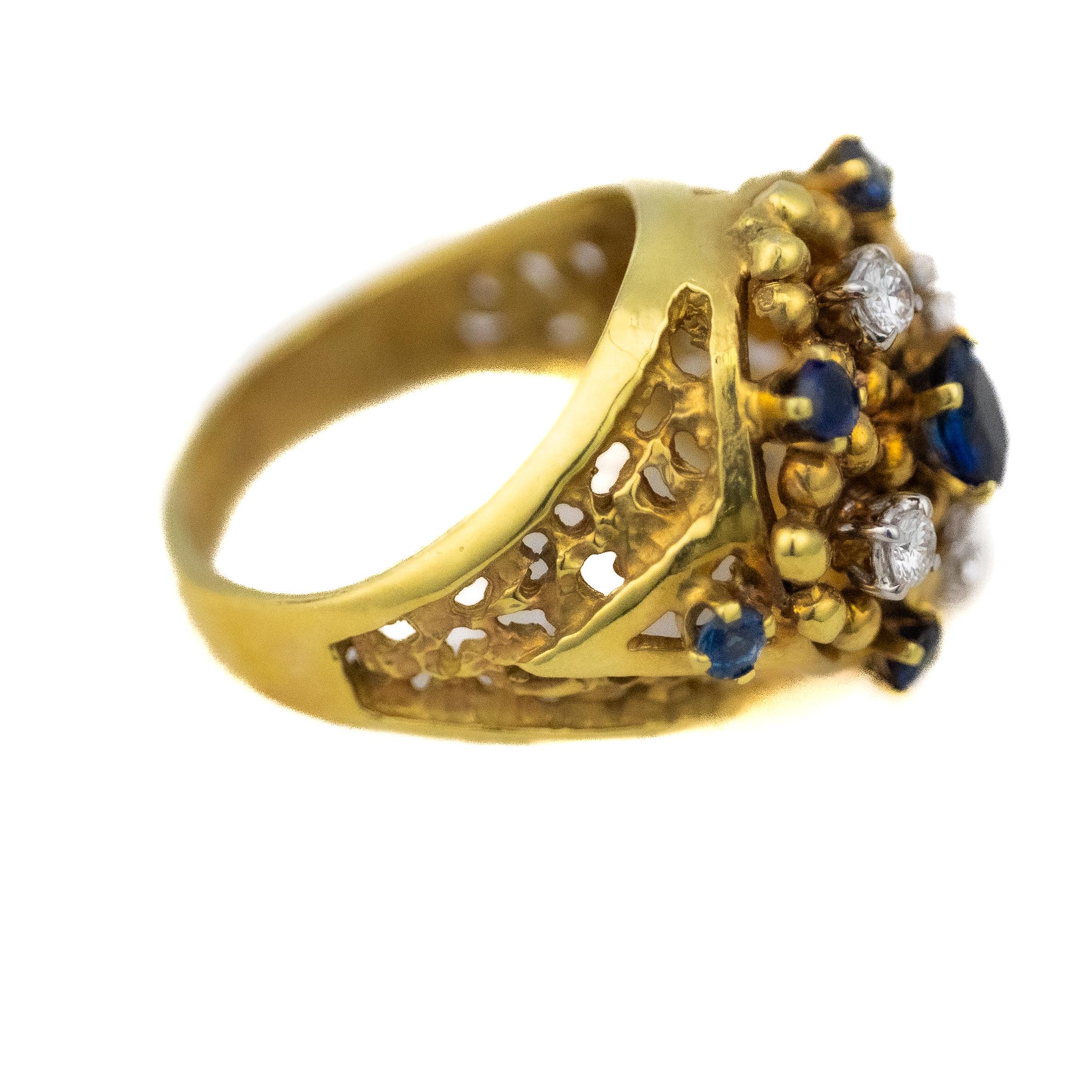 Blumenförmiger Ring mit blauem Saphir und Diamant (Retro) im Angebot
