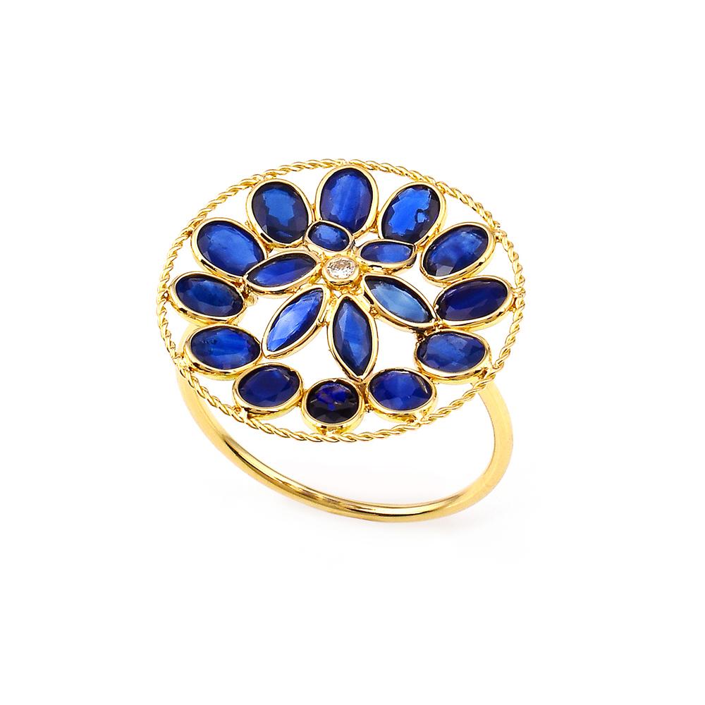 Oval Cut Blue Sapphire and Diamond Floral Ring, 18K Yellow Gold